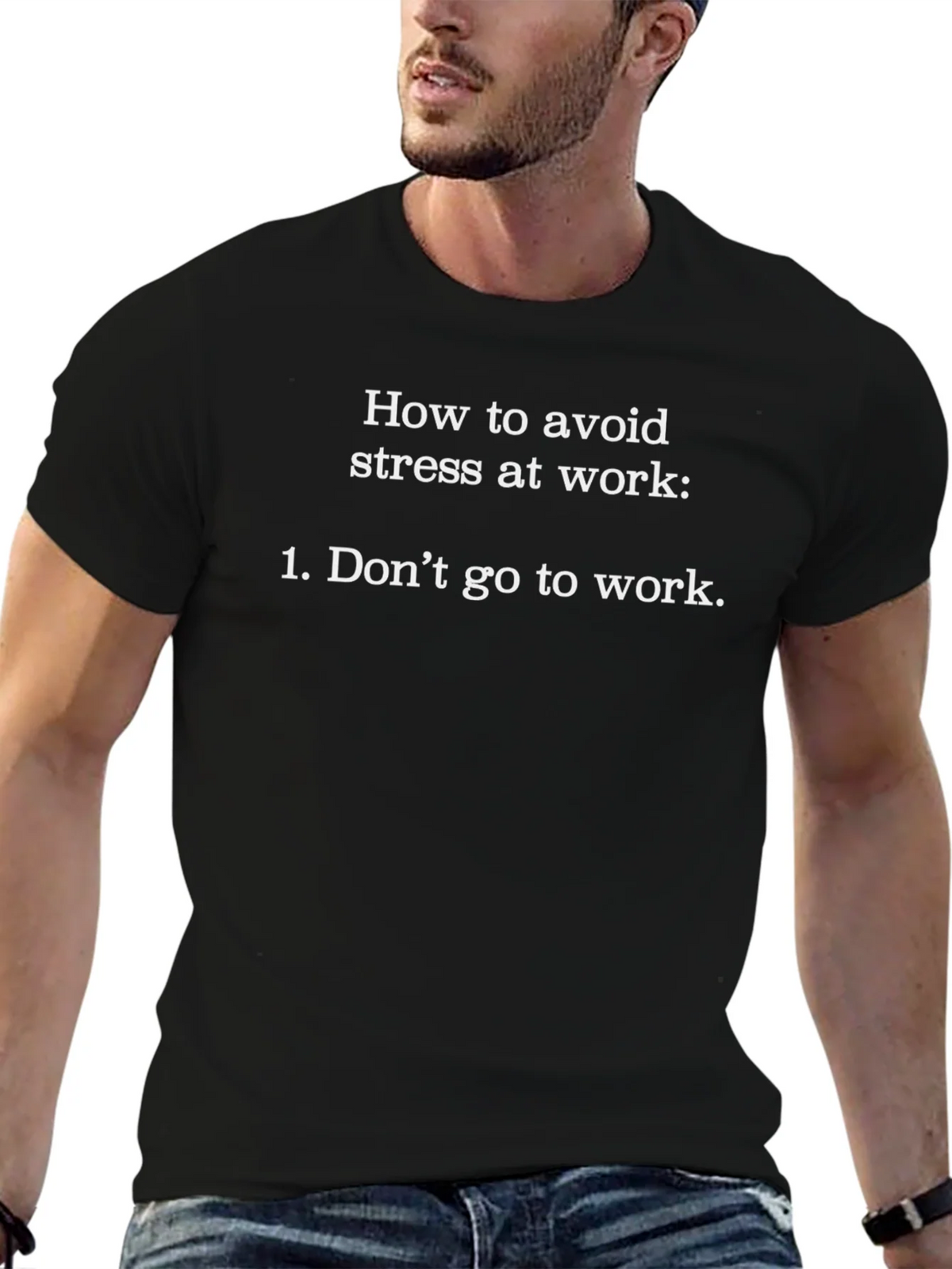 Humorous Avoid Stress Graphic Tee - Black Cotton T-Shirt product image 9