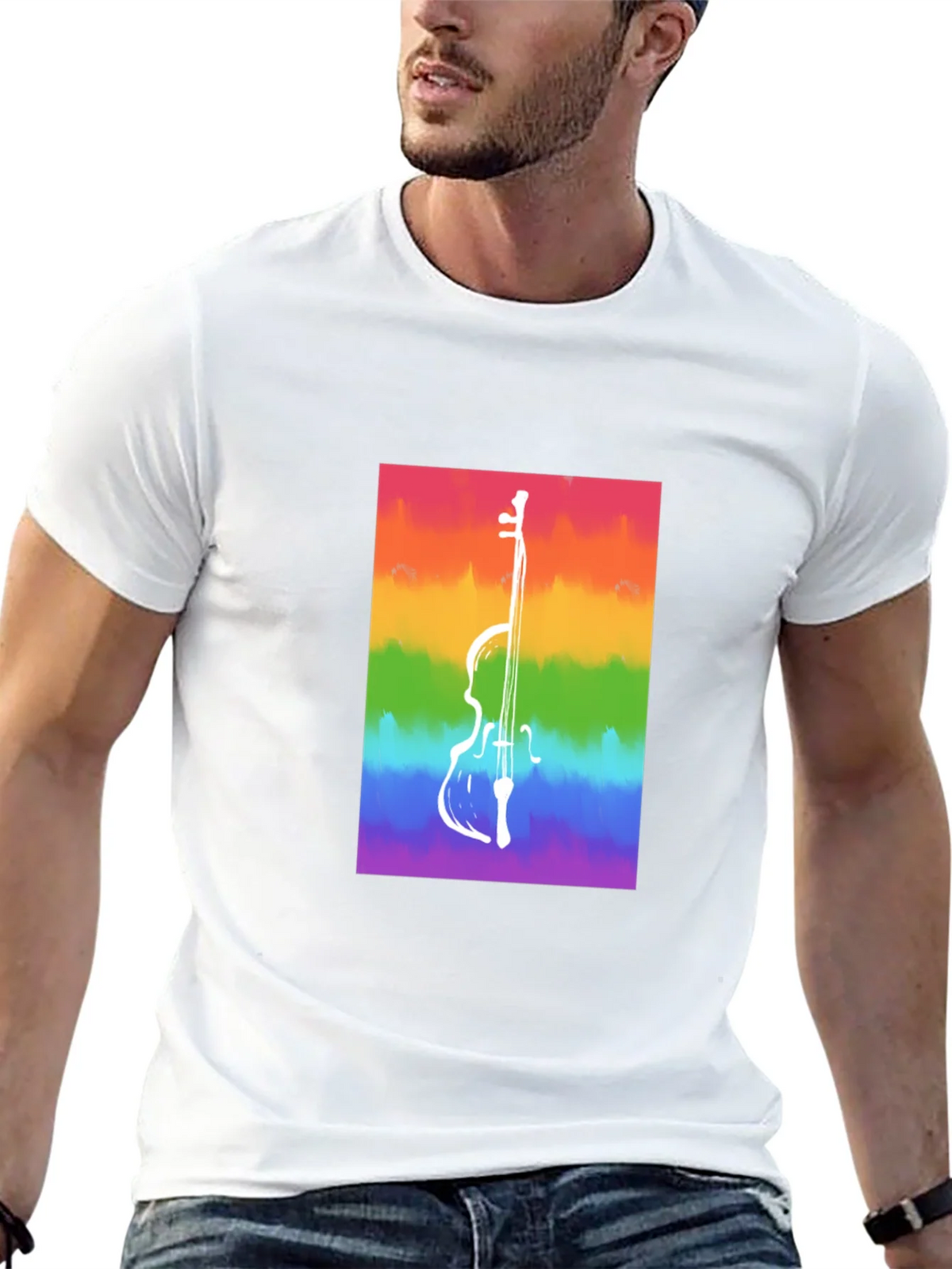 Rainbow Cello Graphic Tee - Black Cotton Casual Shirt product image 4