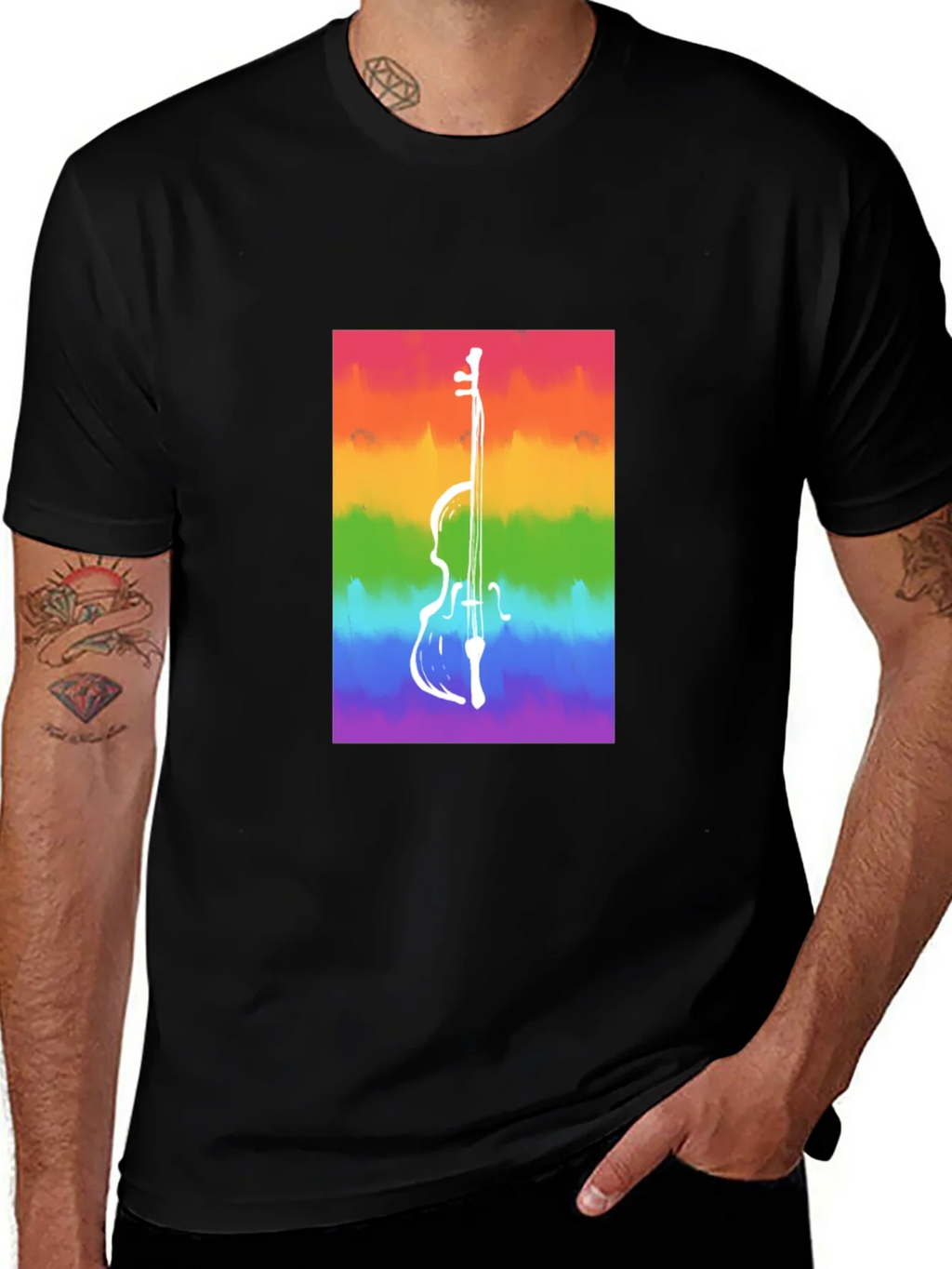 Rainbow Cello Graphic Tee - Black Cotton Casual Shirt product image 1
