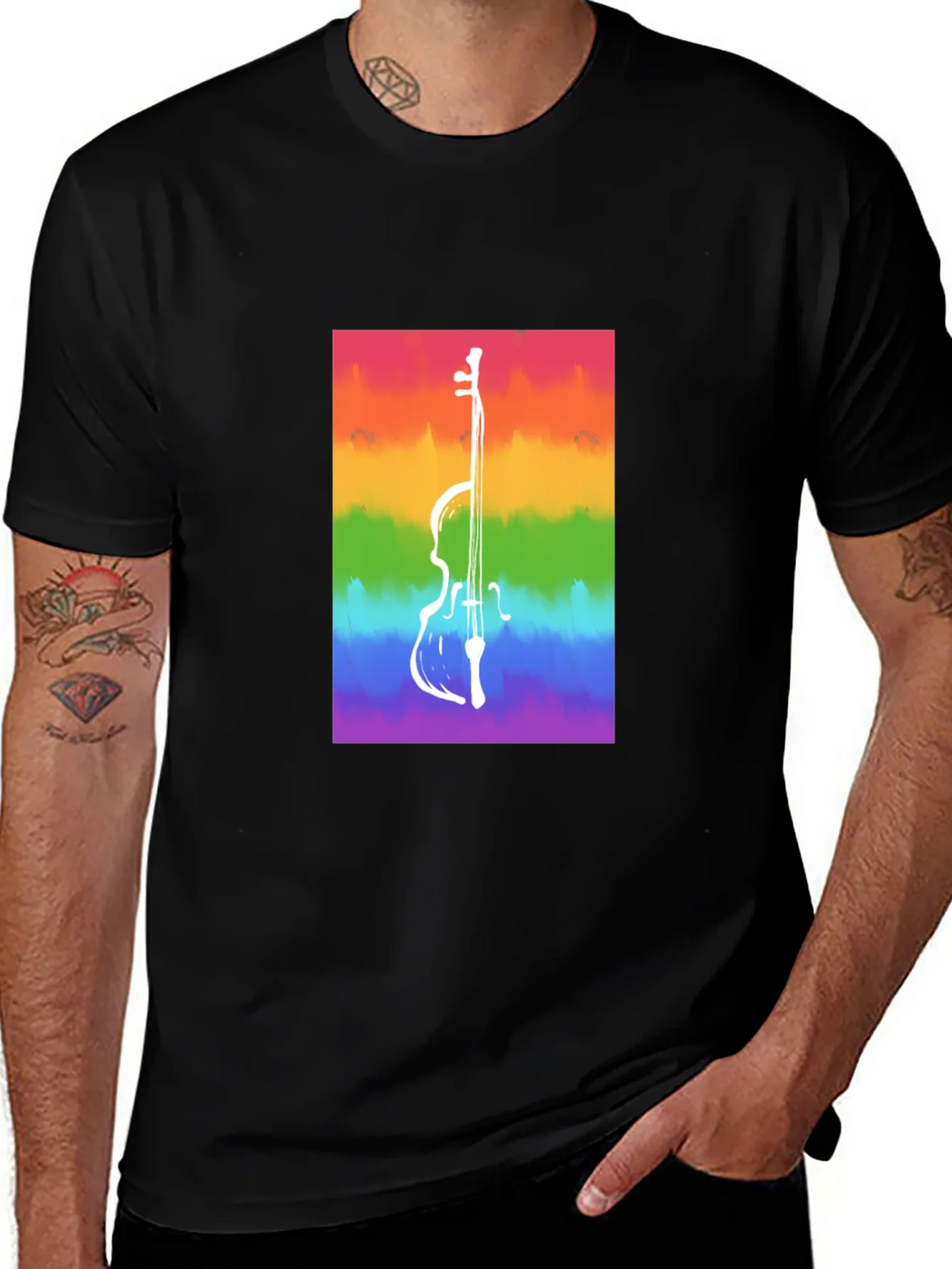 Rainbow Cello Graphic Tee - Black Cotton Casual Shirt product image 1