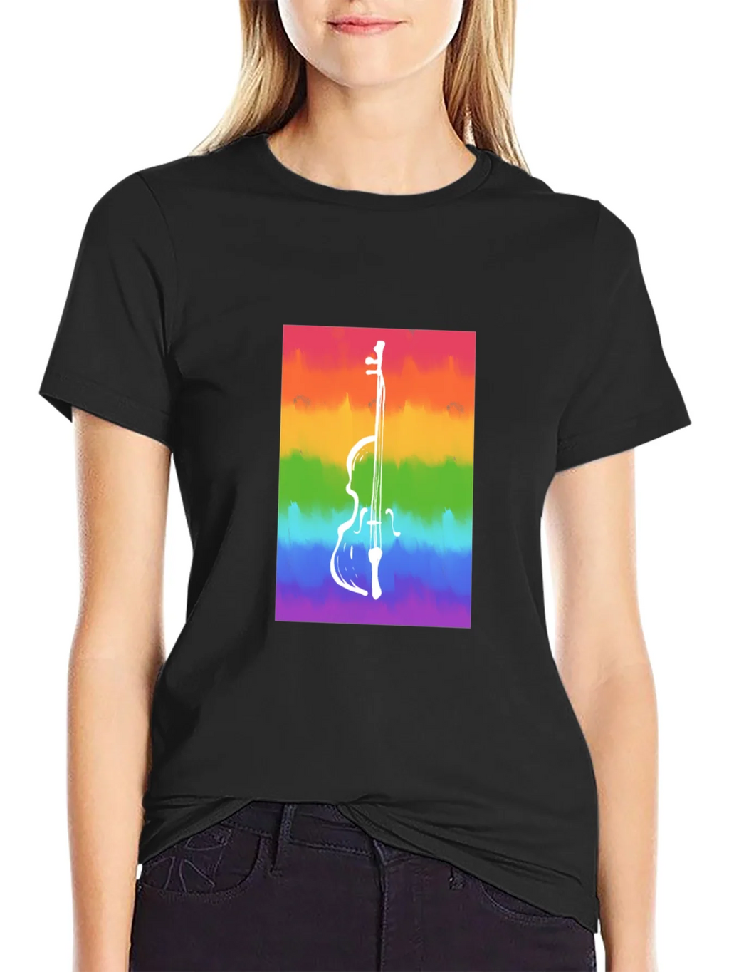 Rainbow Cello Graphic Tee - Black Cotton Casual Shirt product image 5
