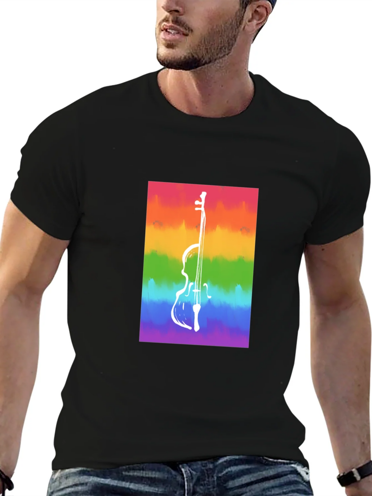Rainbow Cello Graphic Tee - Black Cotton Casual Shirt product image 9