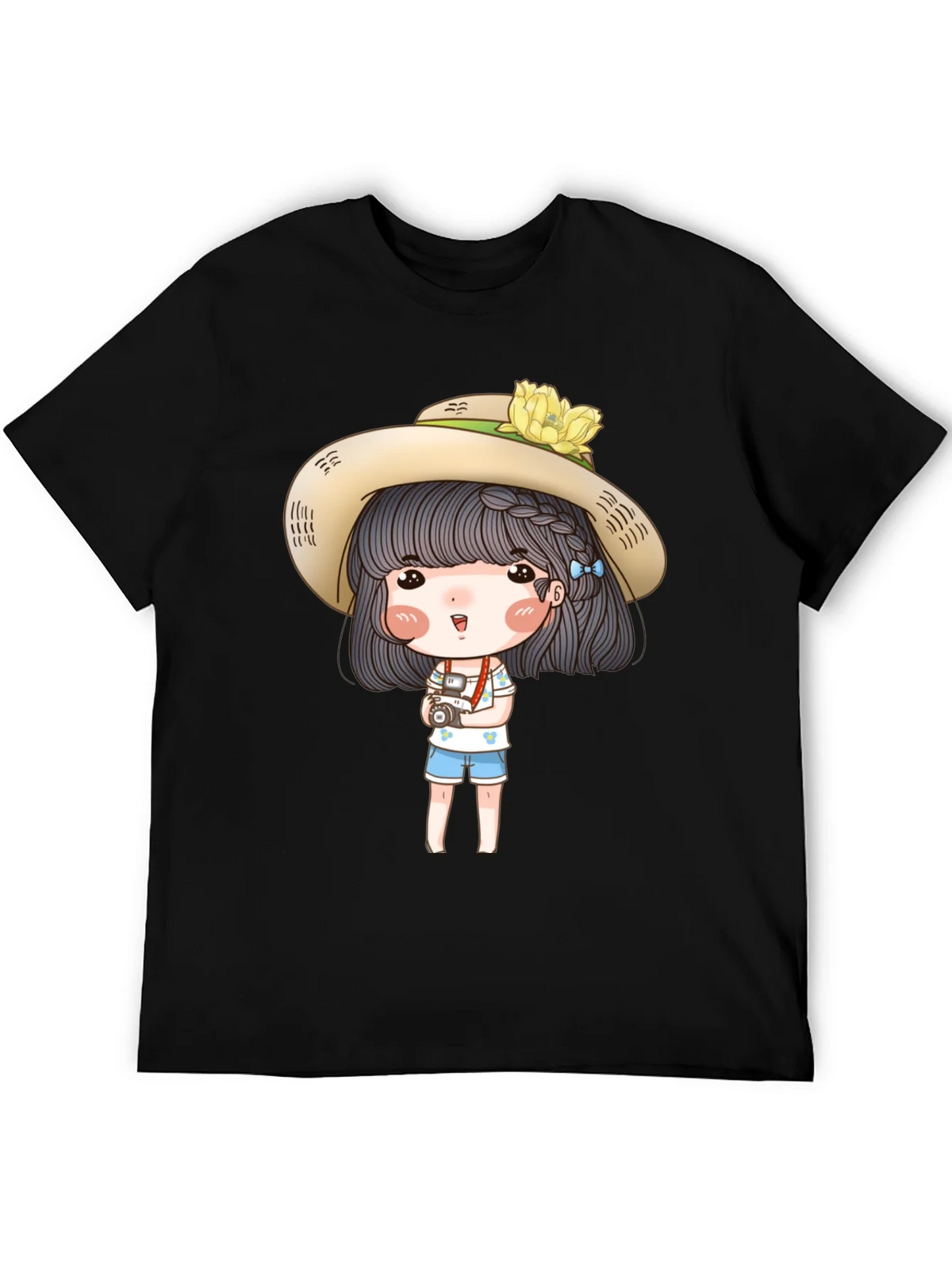Cartoon Girl with Camera Graphic Tee - Black