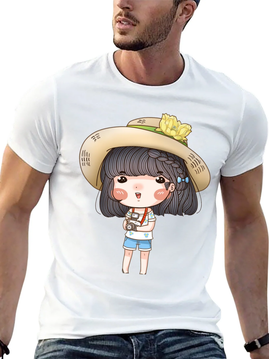 Cartoon Girl with Camera Graphic Tee - Black