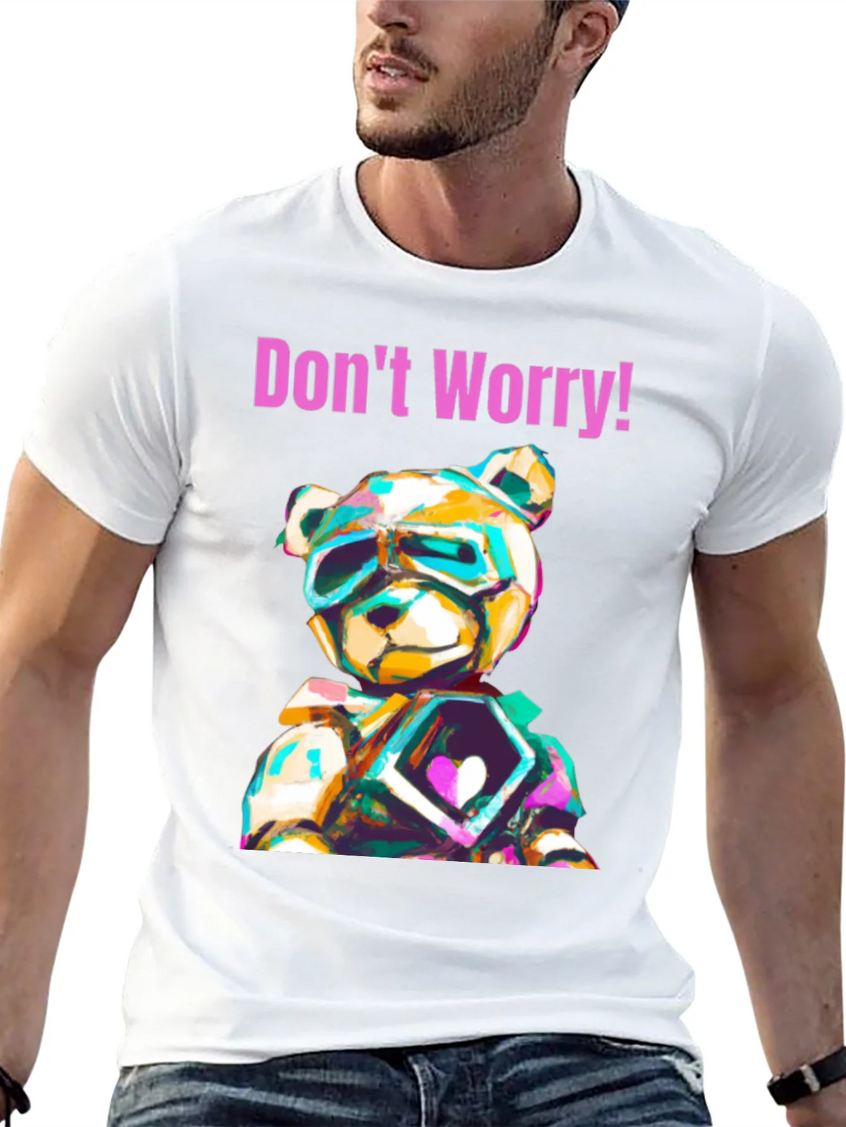 Dont Worry Graphic Tee with Geometric Teddy Bear Design product image 4