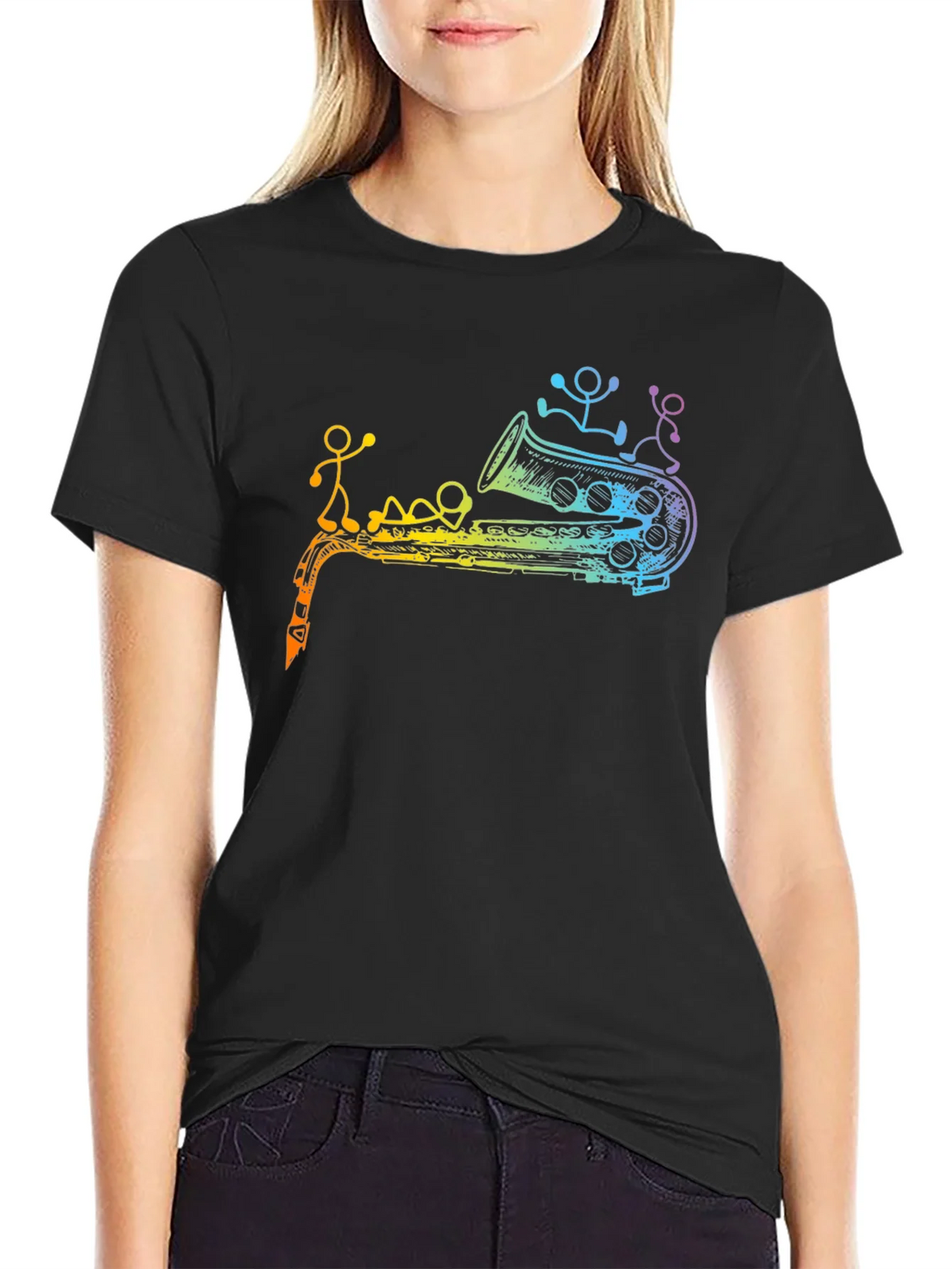 Rainbow Saxophone Stick Figures Graphic T-Shirt product image 5
