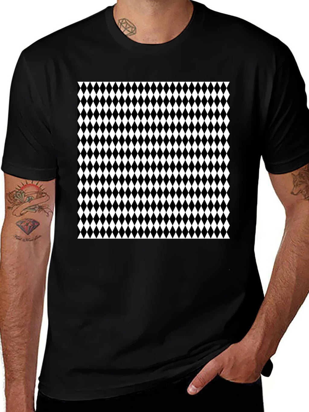 Modern Harlequin Pattern Black Crew Neck T-Shirt product image 1