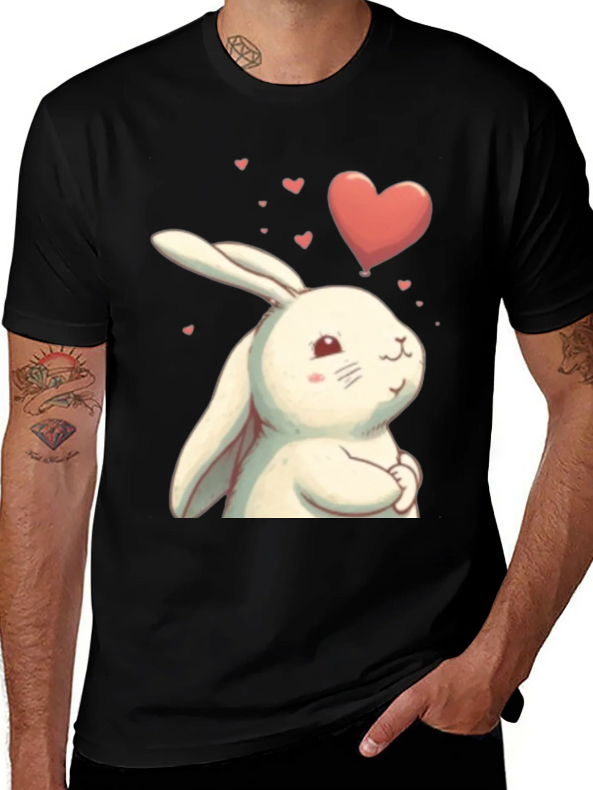 Cute Bunny Heart Graphic Black T-Shirt product image 1