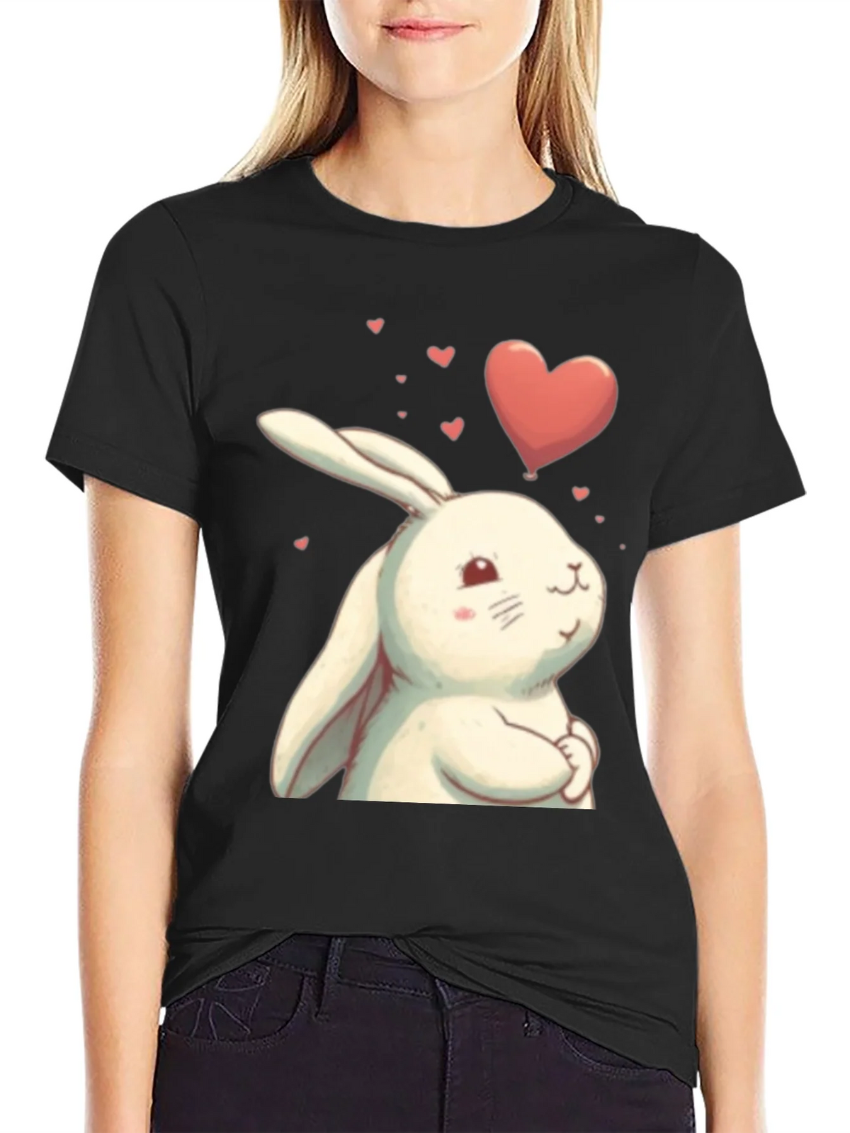 Cute Bunny Heart Graphic Black T-Shirt product image 5