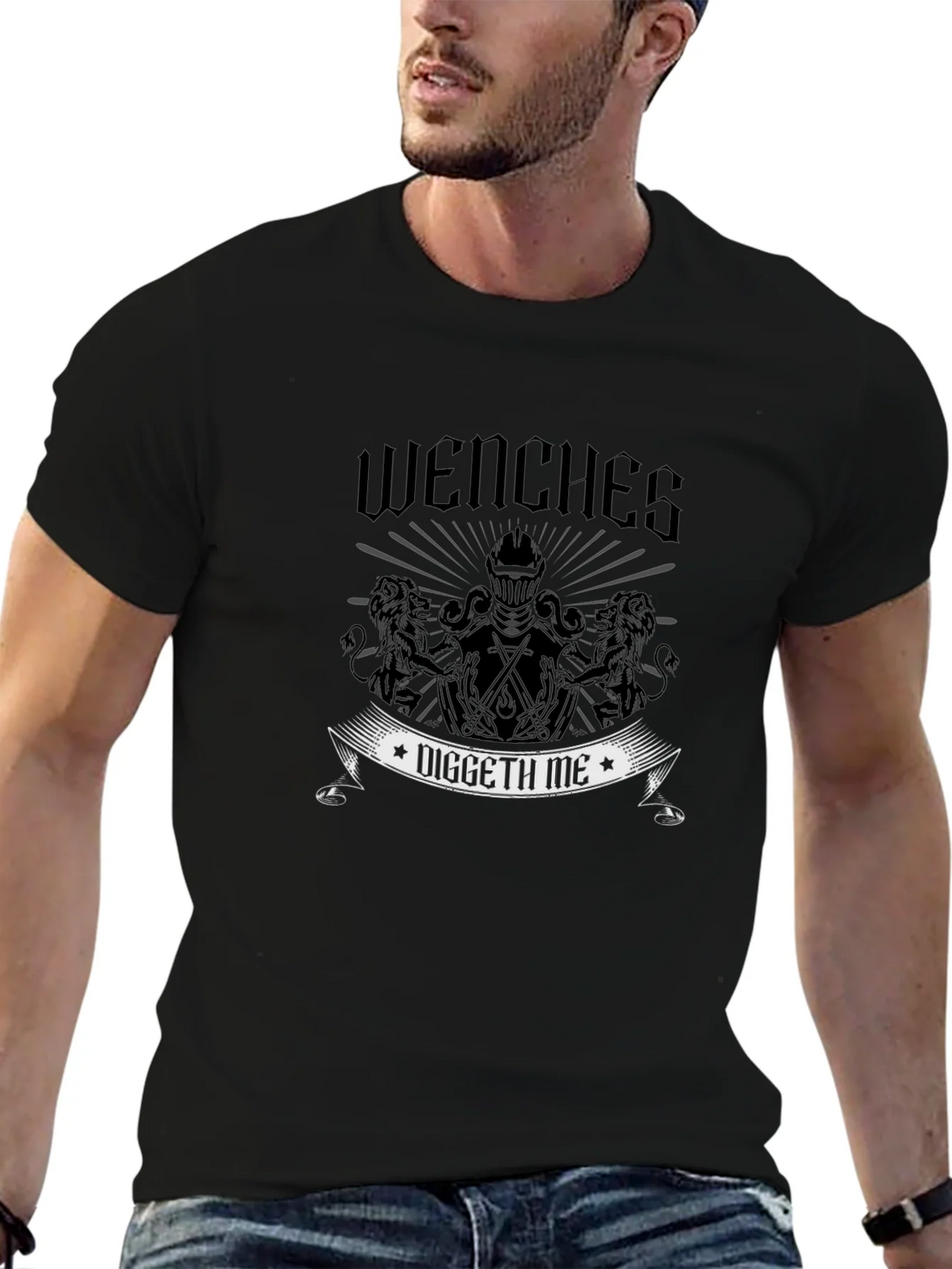 Wenches Diggeth Me Black T-Shirt - Medieval Knight Design product image 9