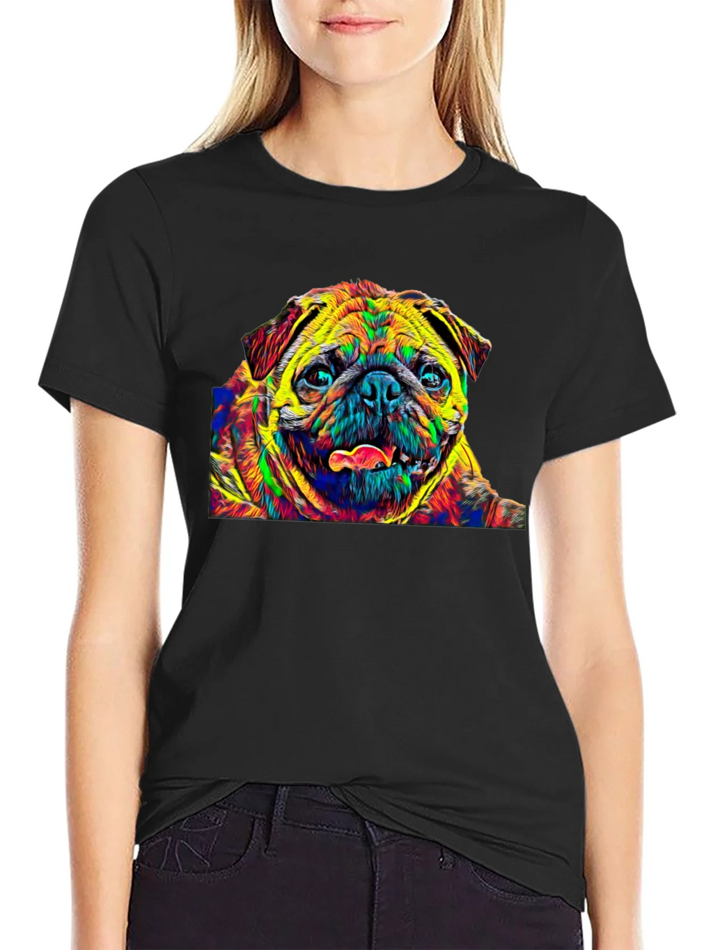 Colorful Pug Graphic T-Shirt - Black product image 5