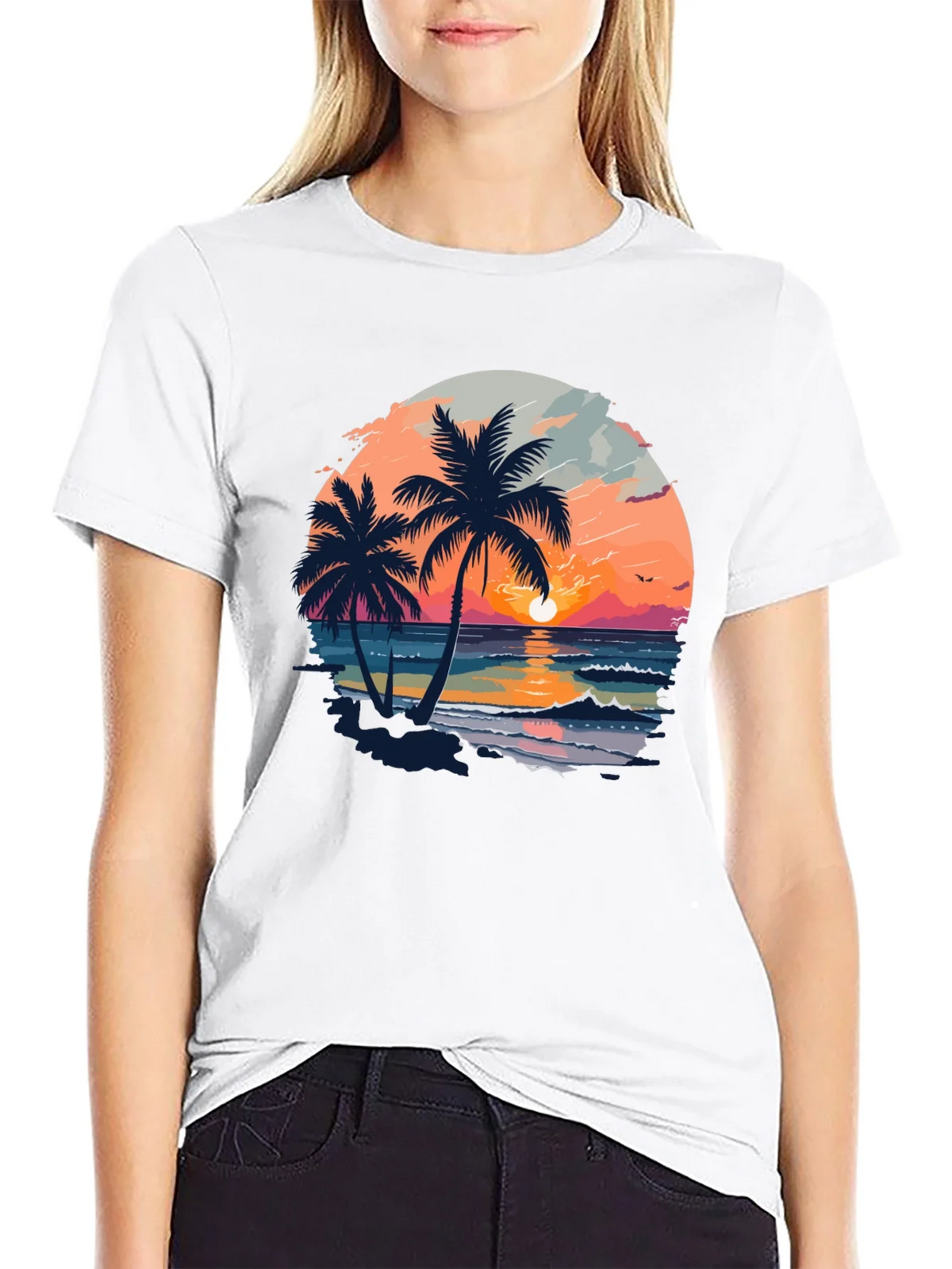 Tropical Sunset Palm Tree Graphic Black T-Shirt product image 11