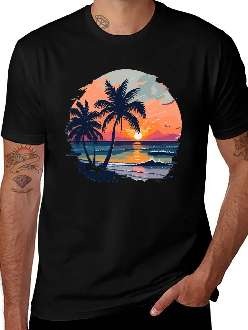 Tropical Sunset Palm Tree Graphic Black T-Shirt product image 1