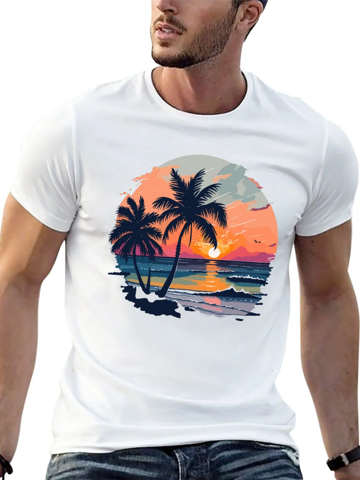 Tropical Sunset Palm Tree Graphic Black T-Shirt product image 4