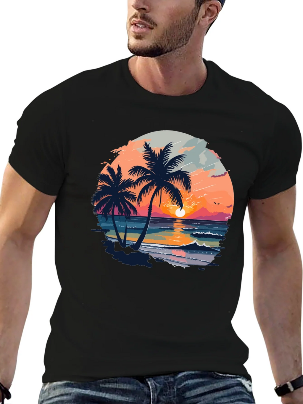 Tropical Sunset Palm Tree Graphic Black T-Shirt product image 9