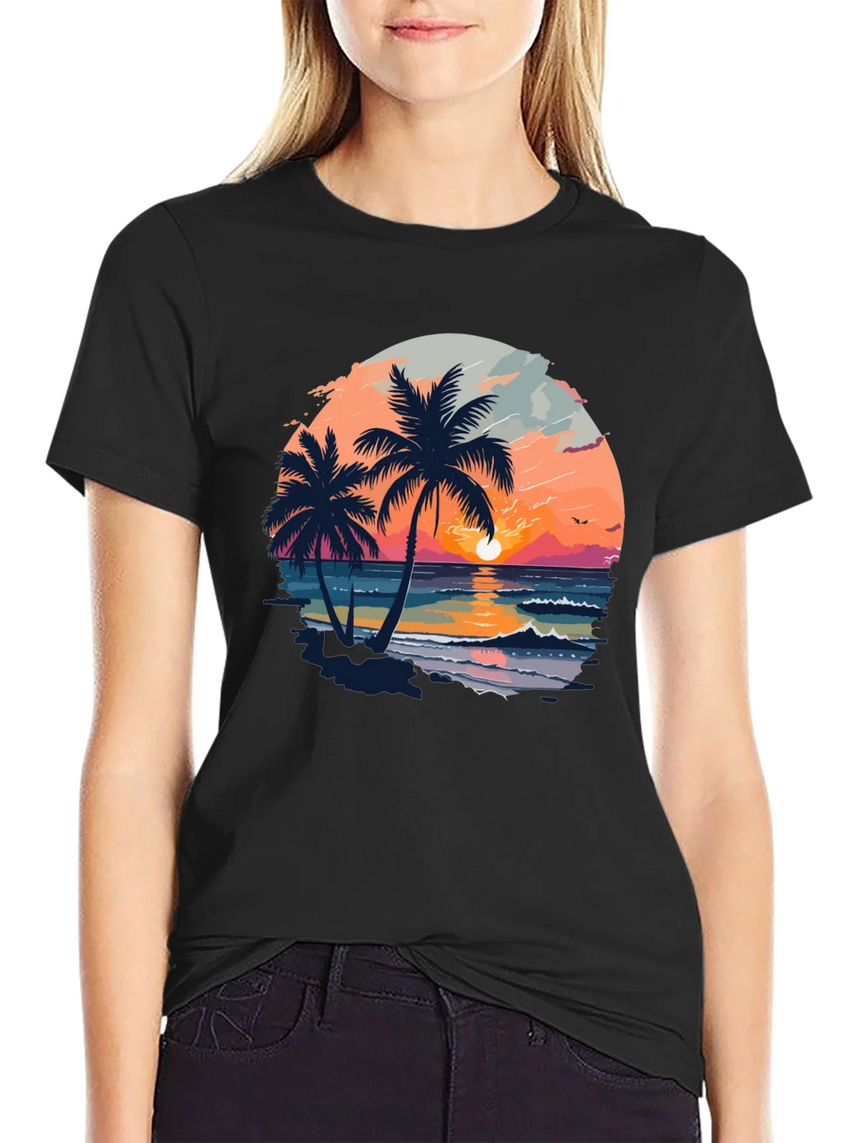 Tropical Sunset Palm Tree Graphic Black T-Shirt product image 5