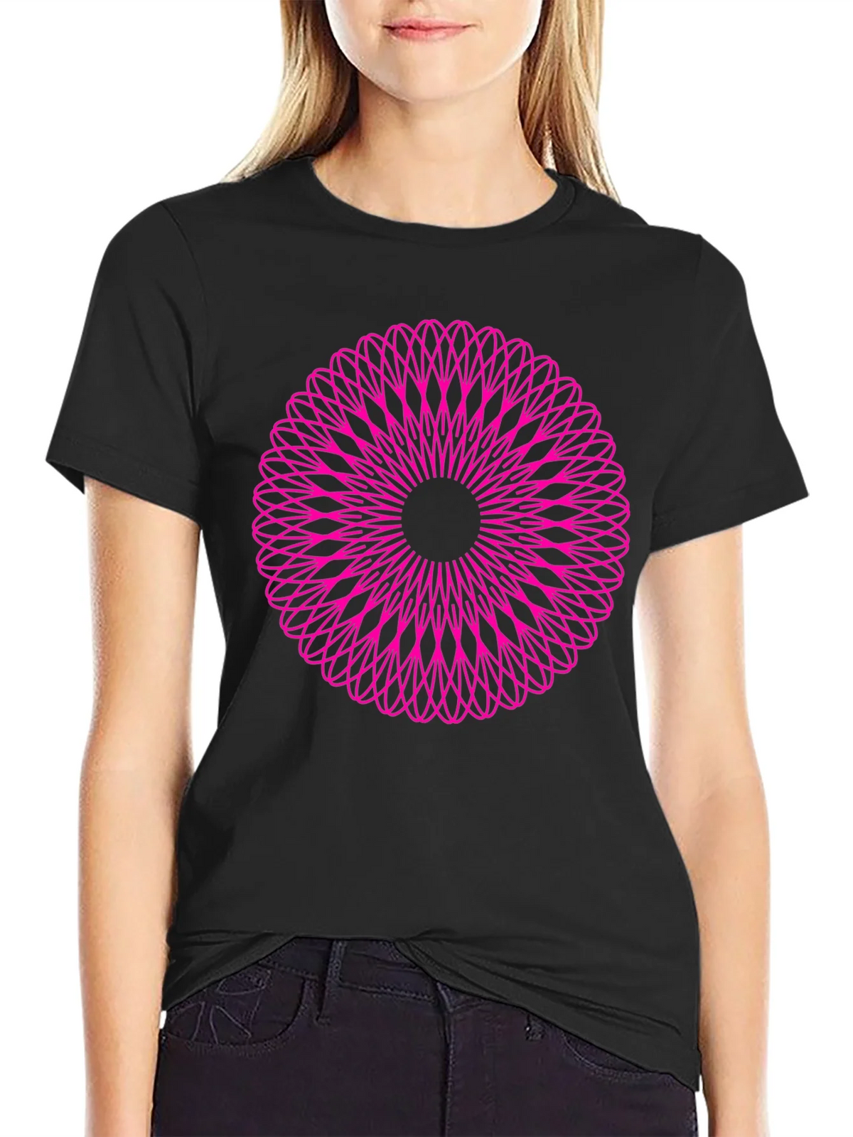 Abstract Pink Mandala Graphic Black T-Shirt product image 5