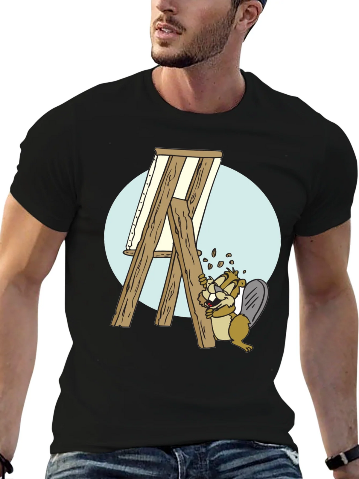 Cartoon Beaver Artist T-Shirt - Black product image 9