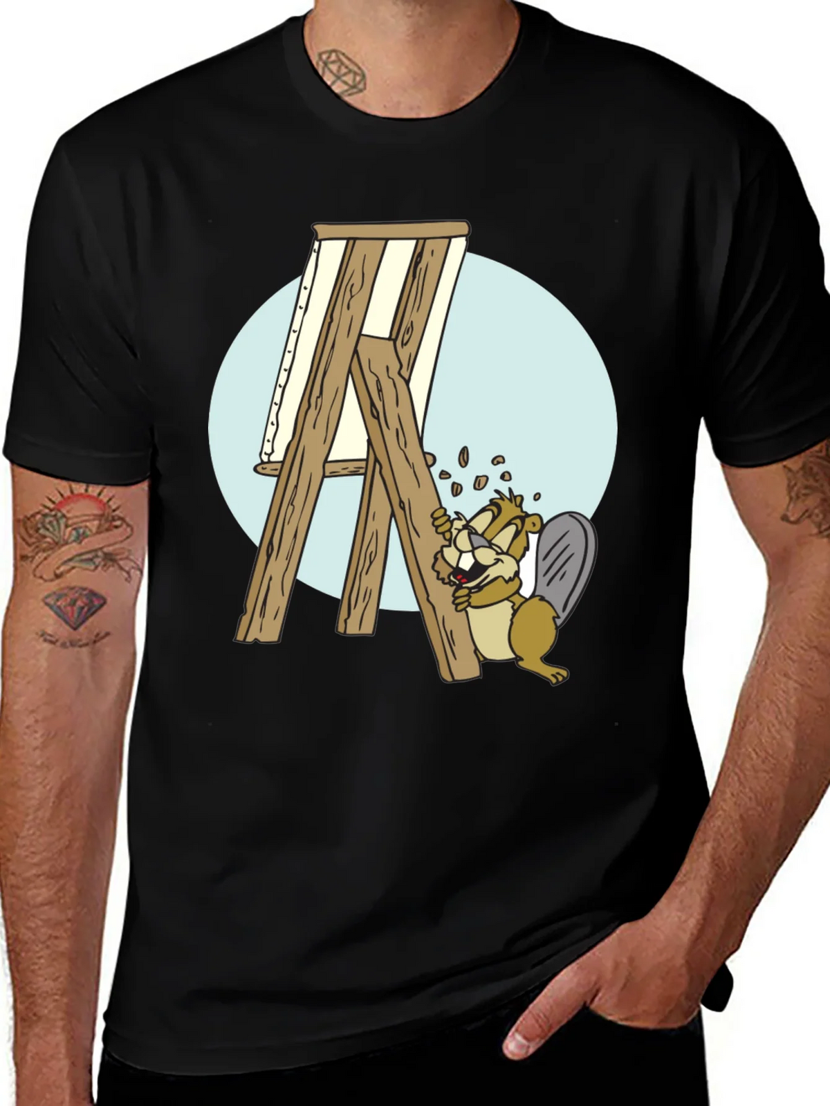 Cartoon Beaver Artist T-Shirt - Black product image 1