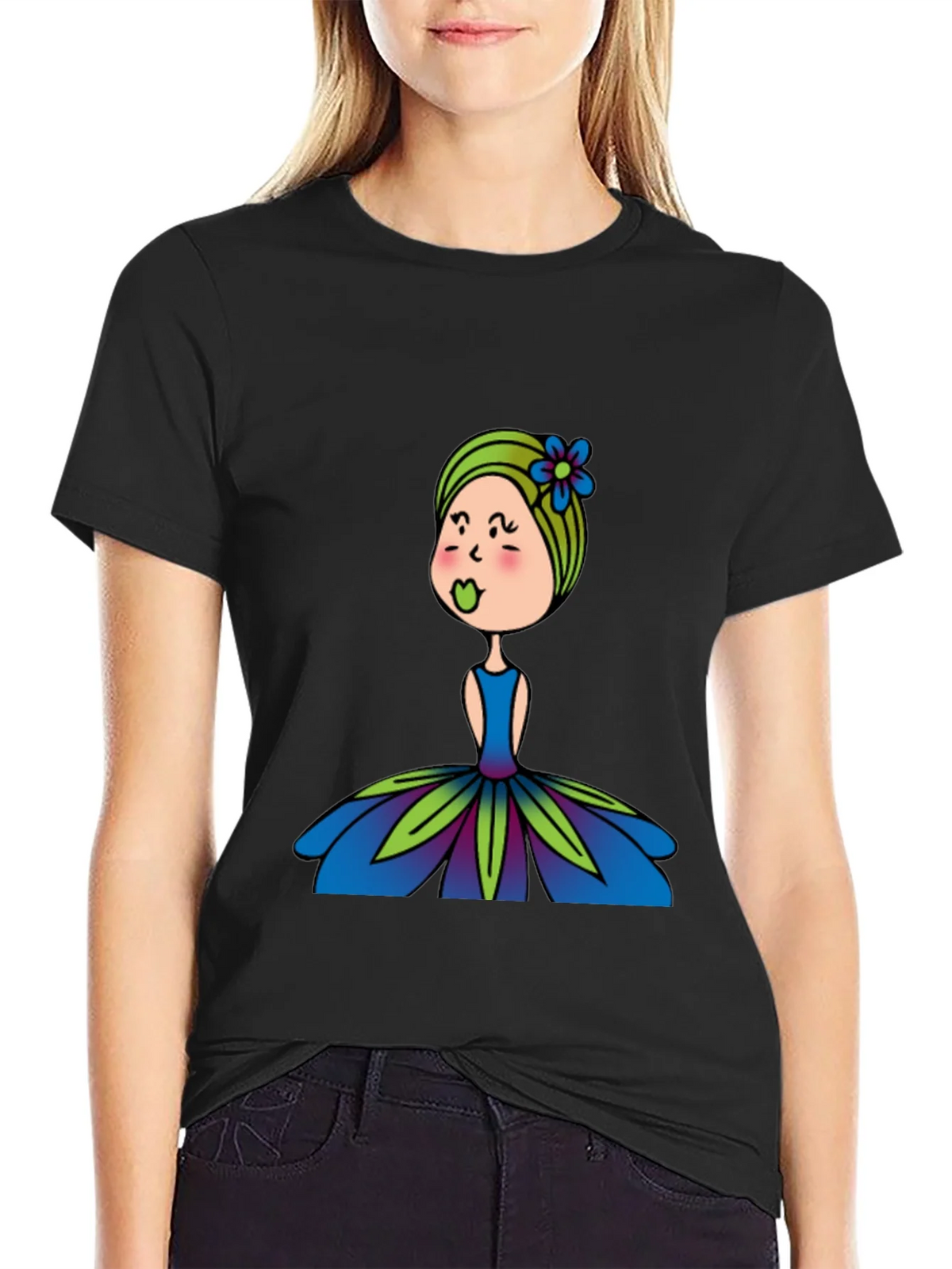 Cute Girl Flower Dress Graphic Black T-Shirt product image 5