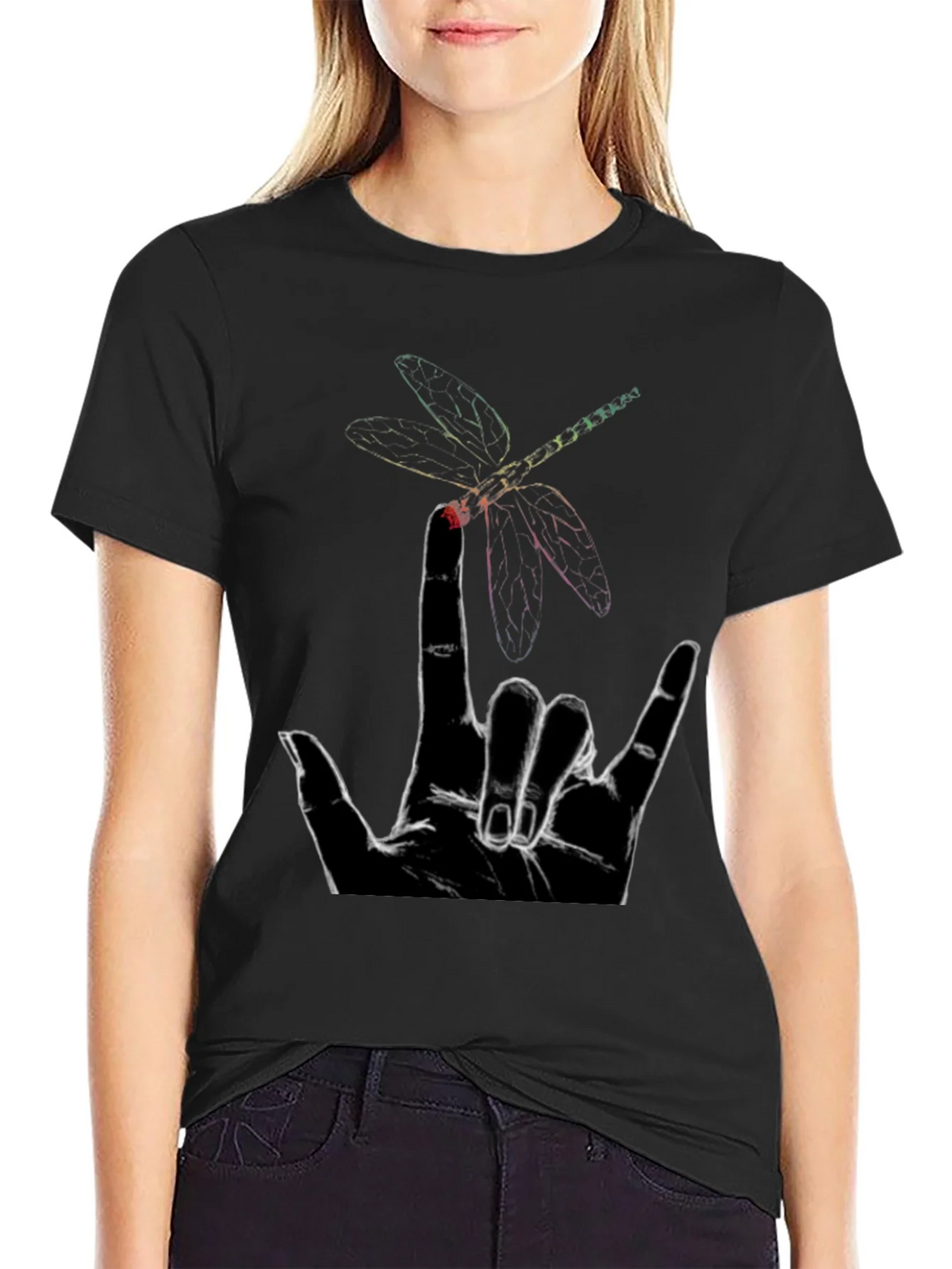 Dragonfly Hand Sign Graphic Tee - Black Cotton product image 5