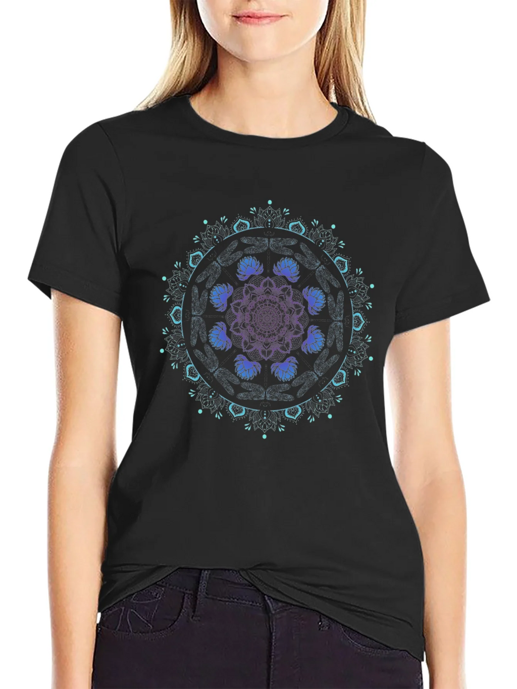 Mandala Lotus Graphic Tee - Black Cotton Blend product image 5