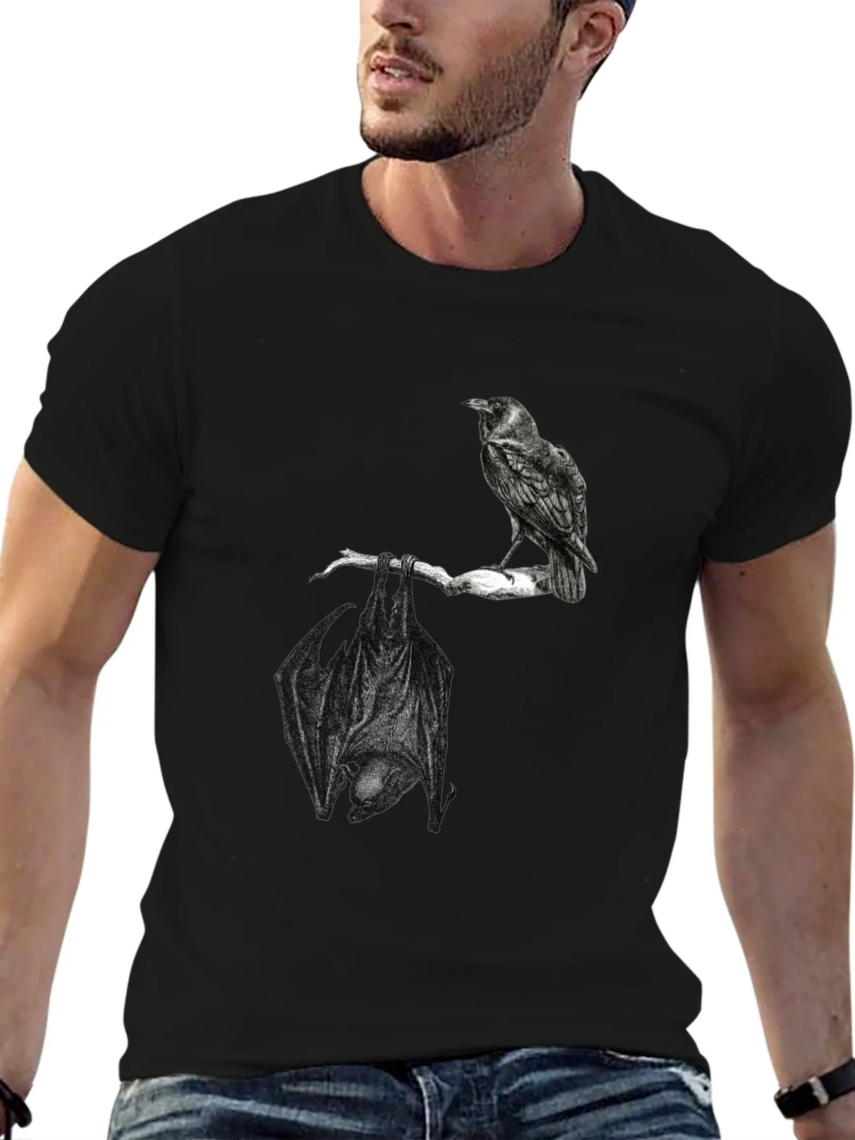 Raven and Bat Graphic Tee - Black Cotton T-Shirt product image 9