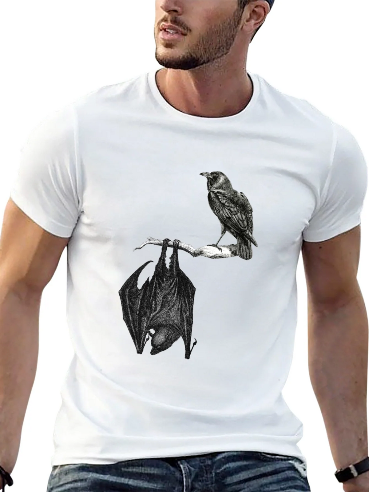 Raven and Bat Graphic Tee - Black Cotton T-Shirt product image 4