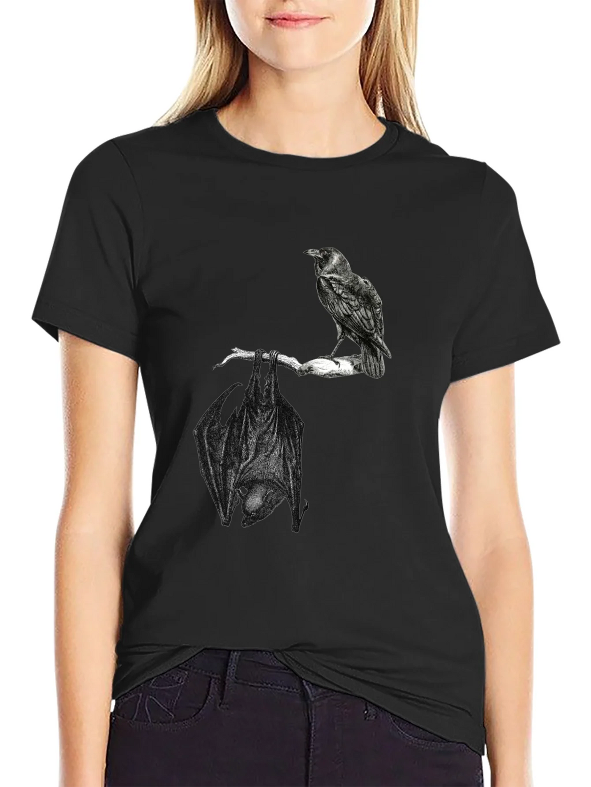 Raven and Bat Graphic Tee - Black Cotton T-Shirt product image 5