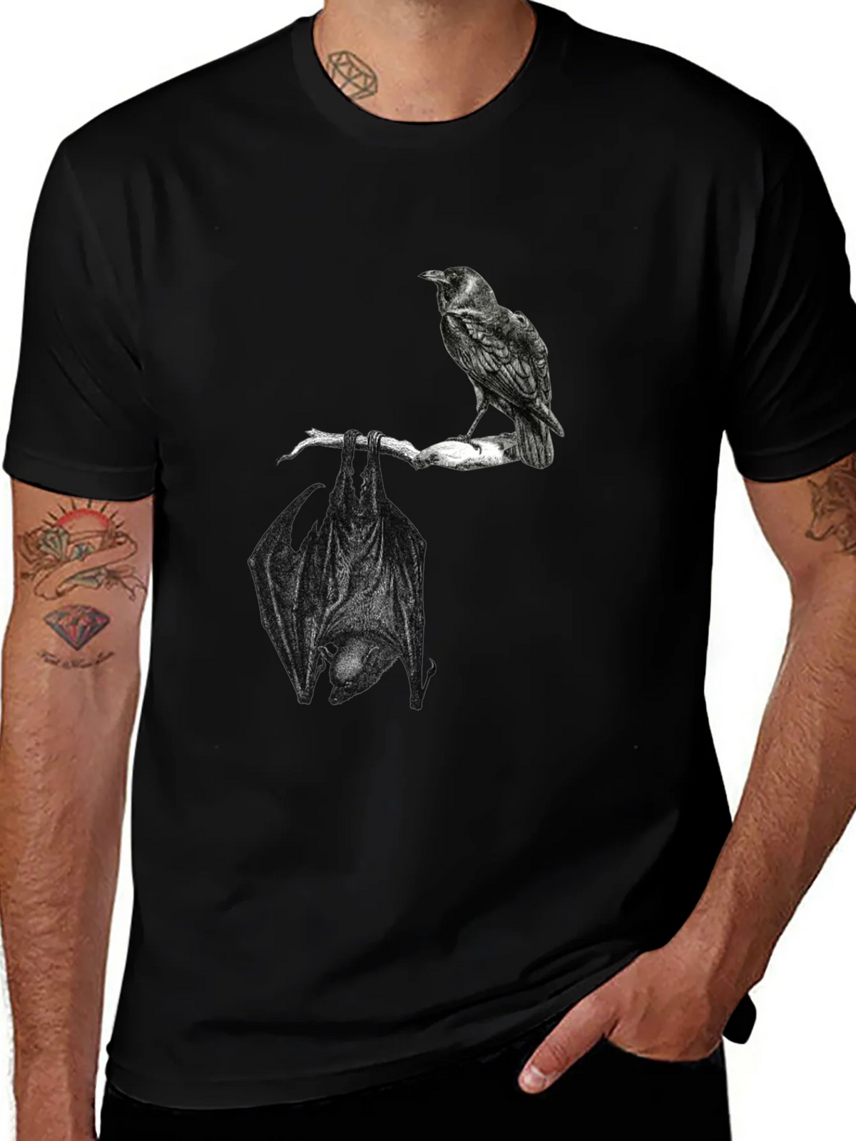 Raven and Bat Graphic Tee - Black Cotton T-Shirt product image 1