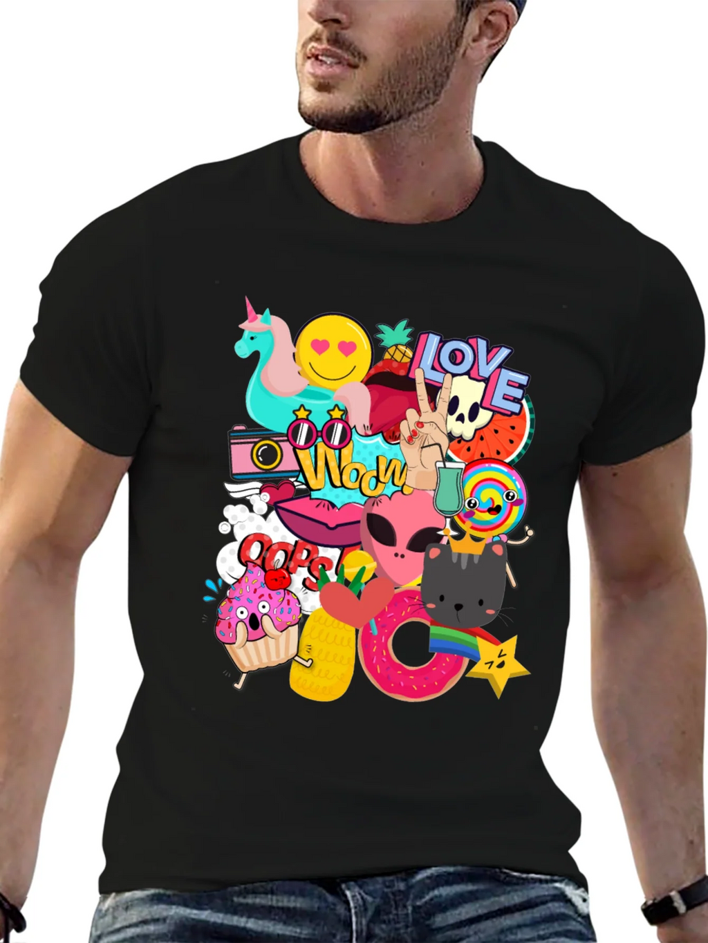 Funky Graphic Tee: Cartoon Sticker Bomb Design
