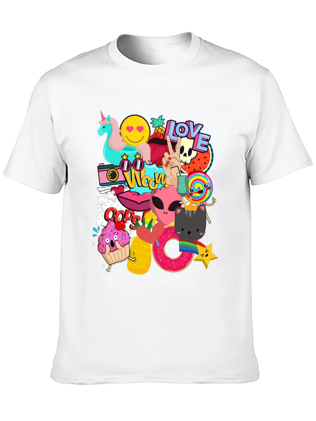 Funky Graphic Tee: Cartoon Sticker Bomb Design
