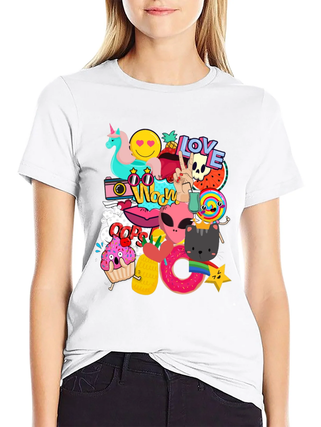 Funky Graphic Tee: Cartoon Sticker Bomb Design