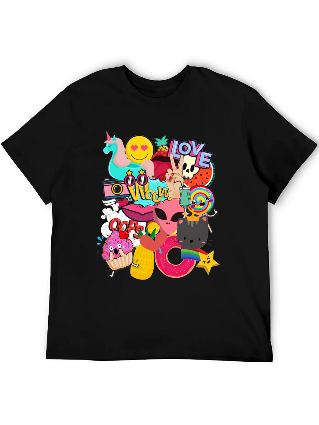Funky Graphic Tee: Cartoon Sticker Bomb Design