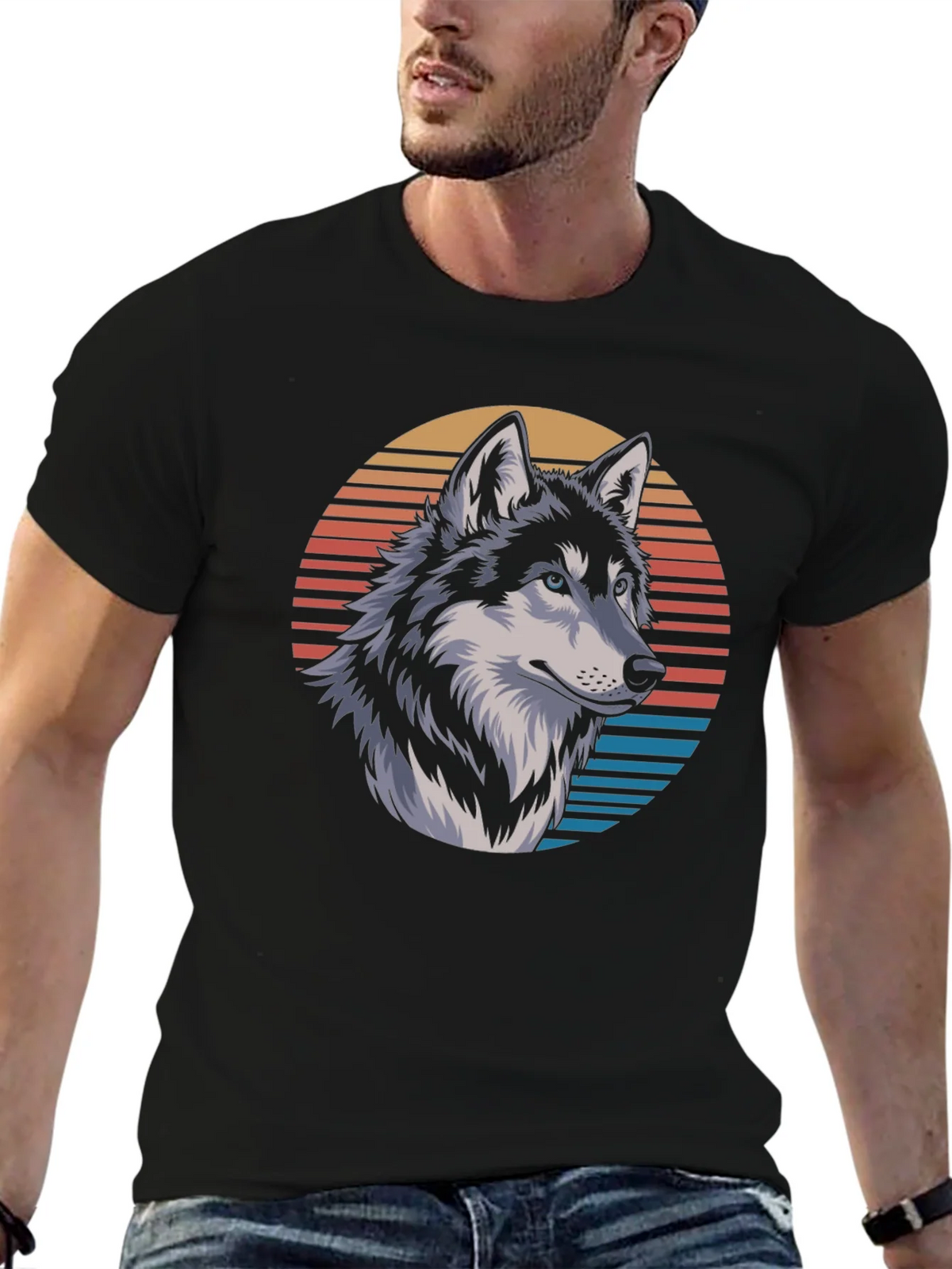 Wolf Graphic Tee - Retro Sunset Design Black T-Shirt product image 9