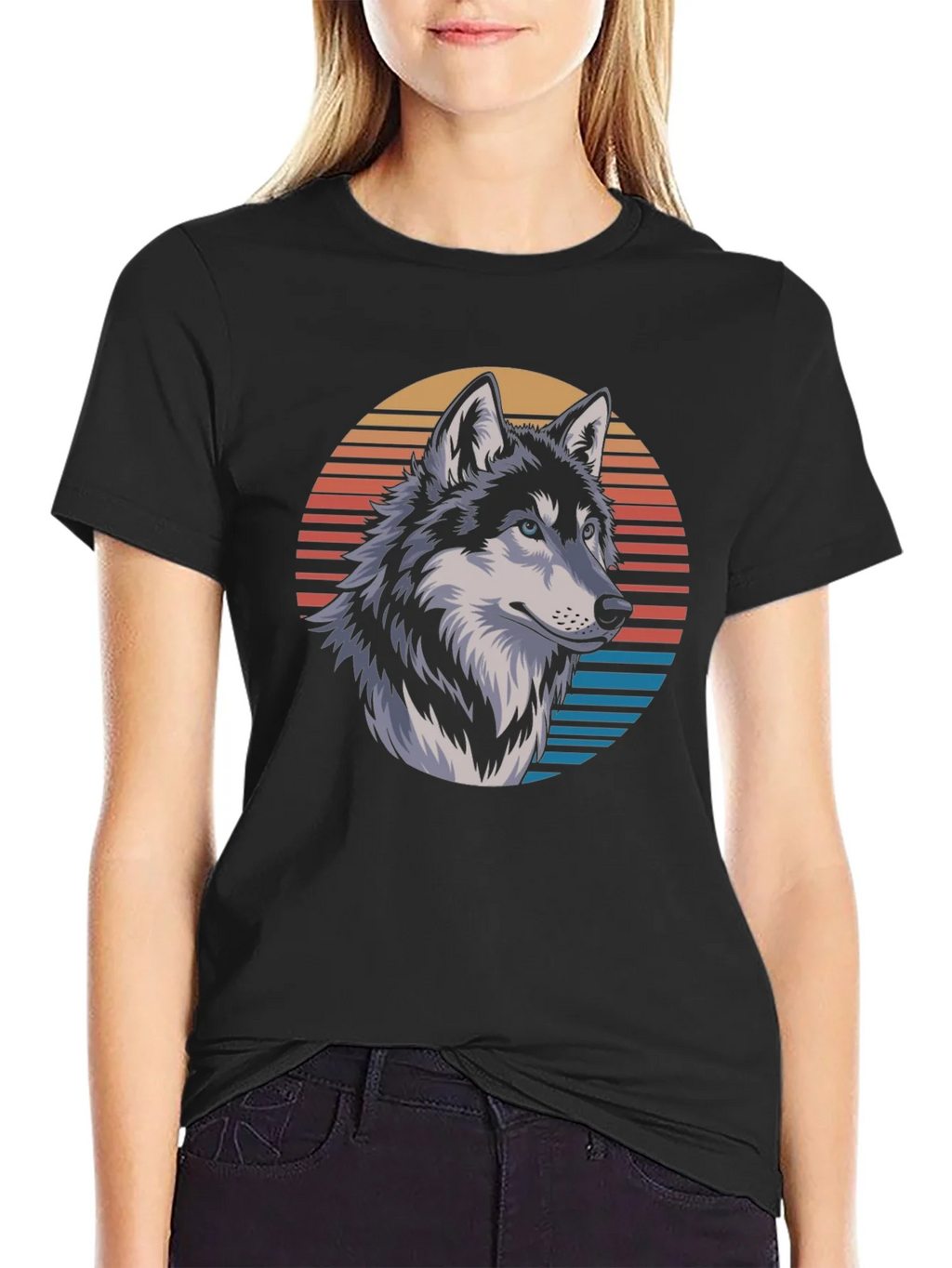 Wolf Graphic Tee - Retro Sunset Design Black T-Shirt product image 5