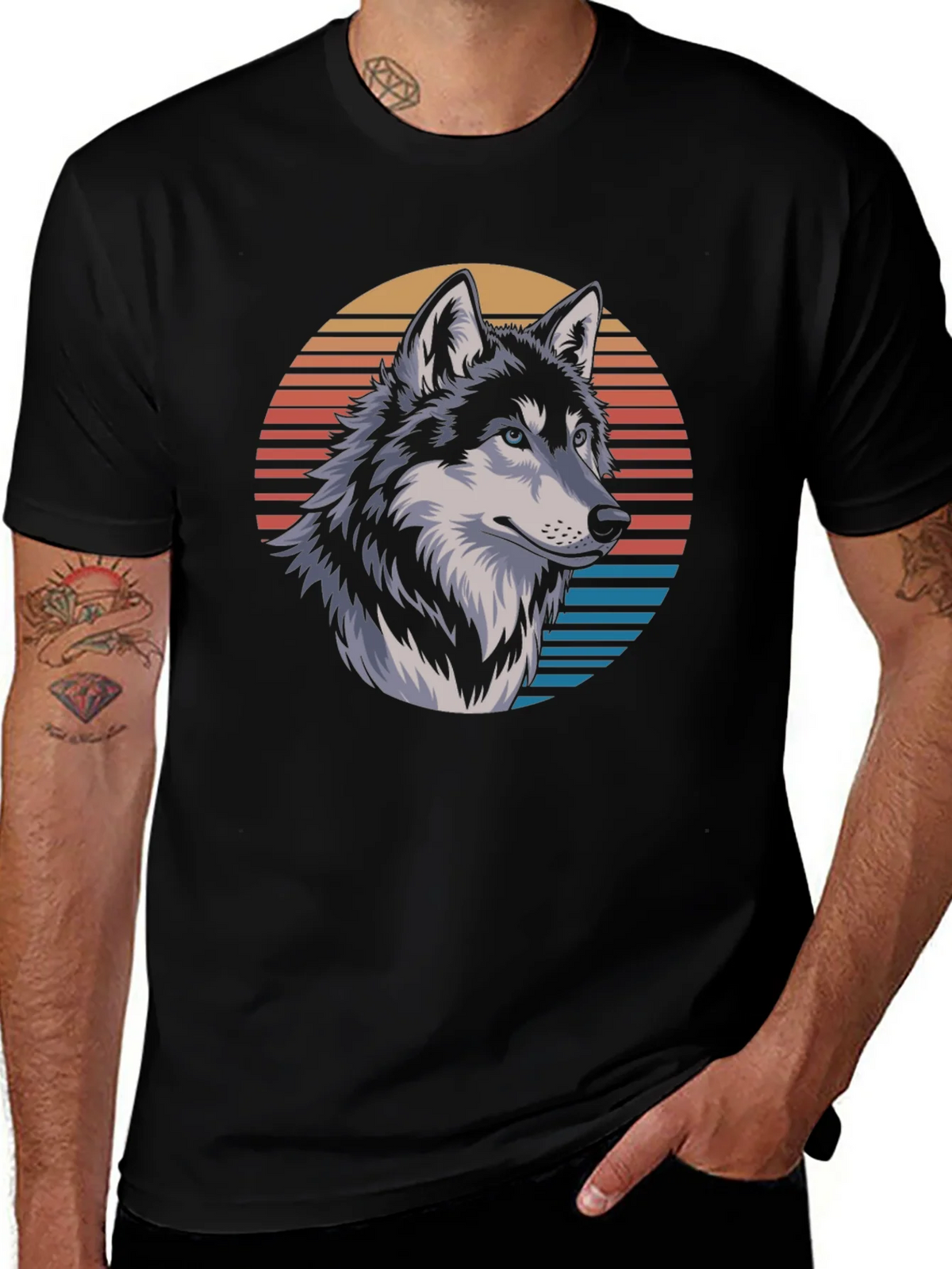 Wolf Graphic Tee - Retro Sunset Design Black T-Shirt product image 1