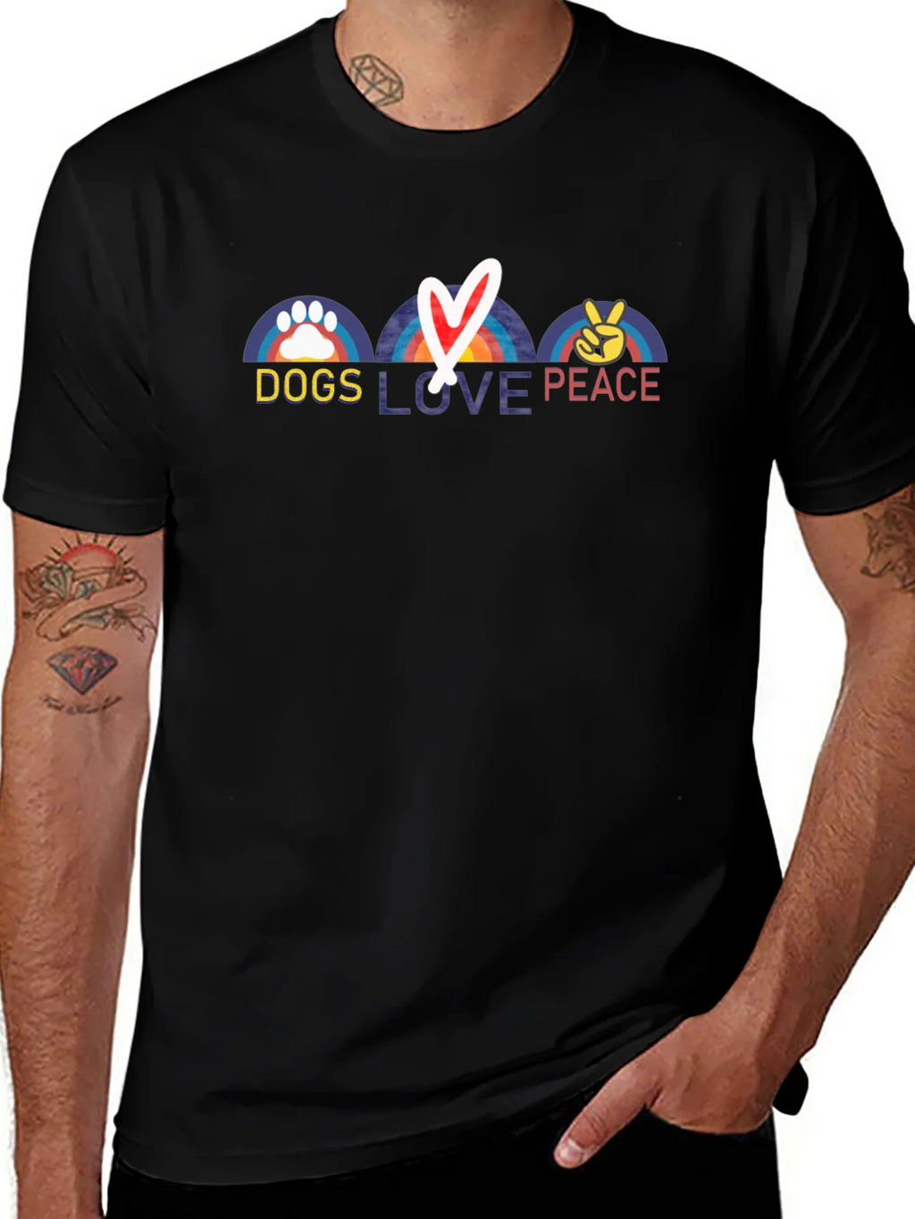 Dogs Love Peace T-Shirt - Rainbow Paw Heart & Sign product image 1