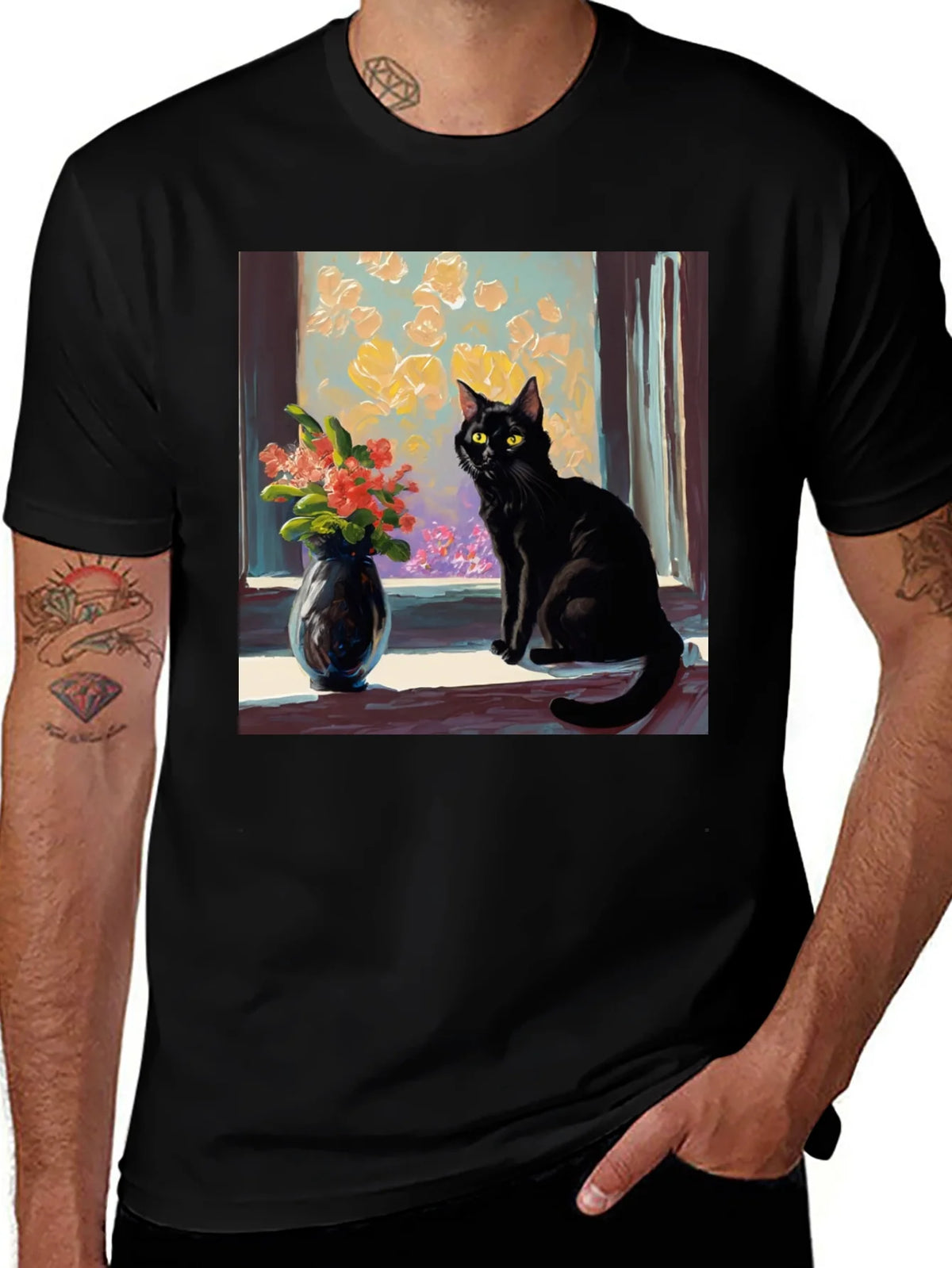Black Cat Window Flowers T-Shirt product image 1