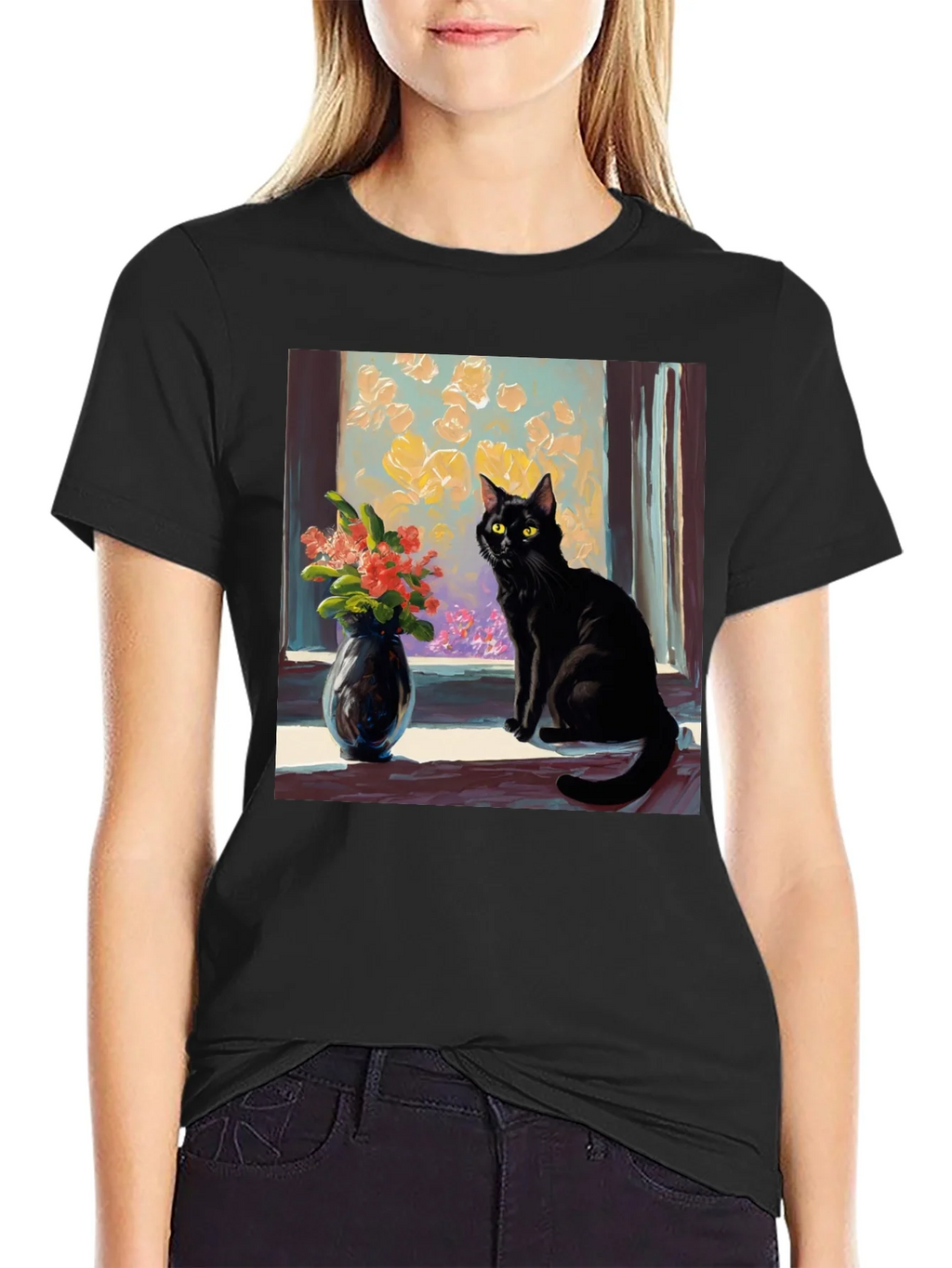 Black Cat Window Flowers T-Shirt product image 5