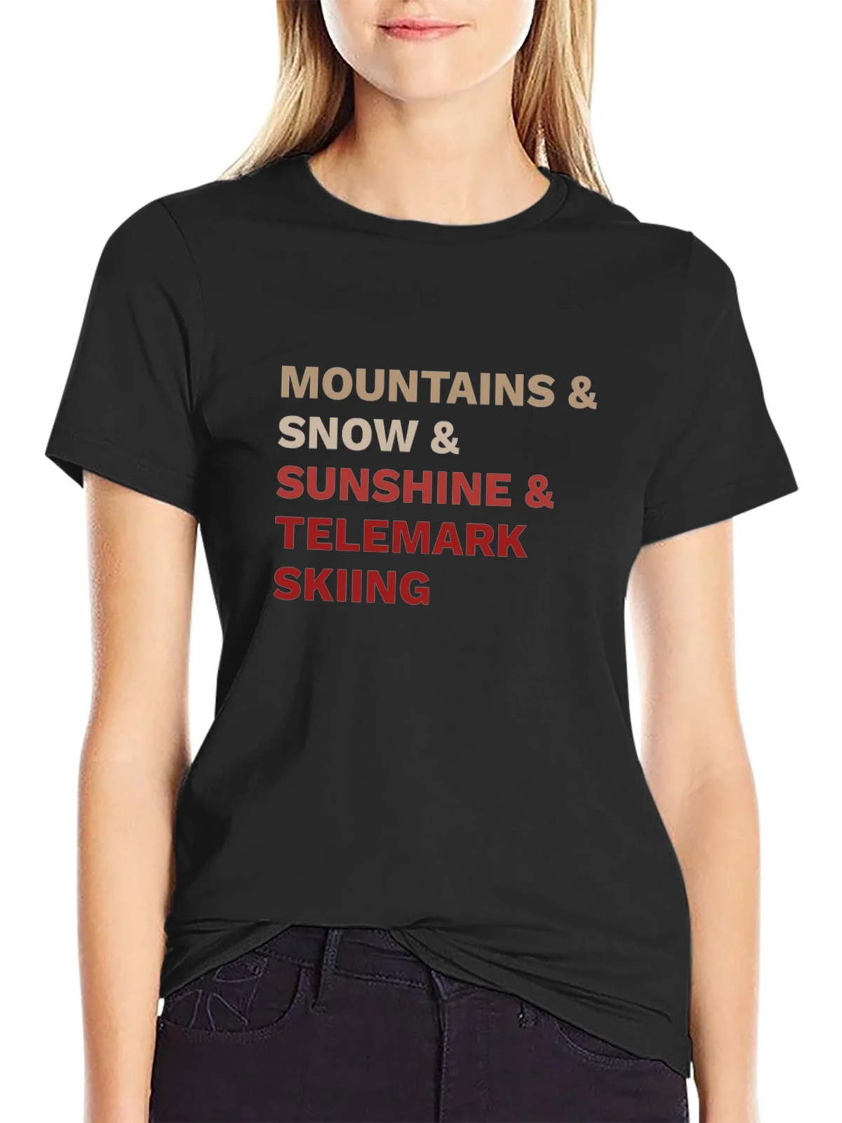 Mountains Snow Sunshine Telemark Skiing Black T-Shirt product image 5