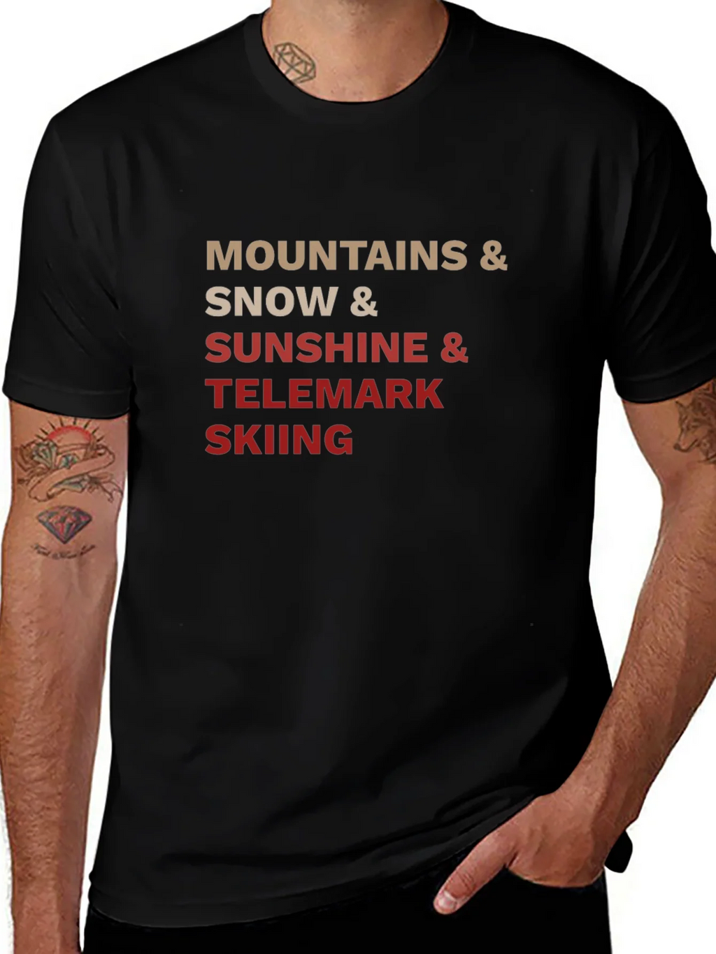 Mountains Snow Sunshine Telemark Skiing Black T-Shirt product image 1