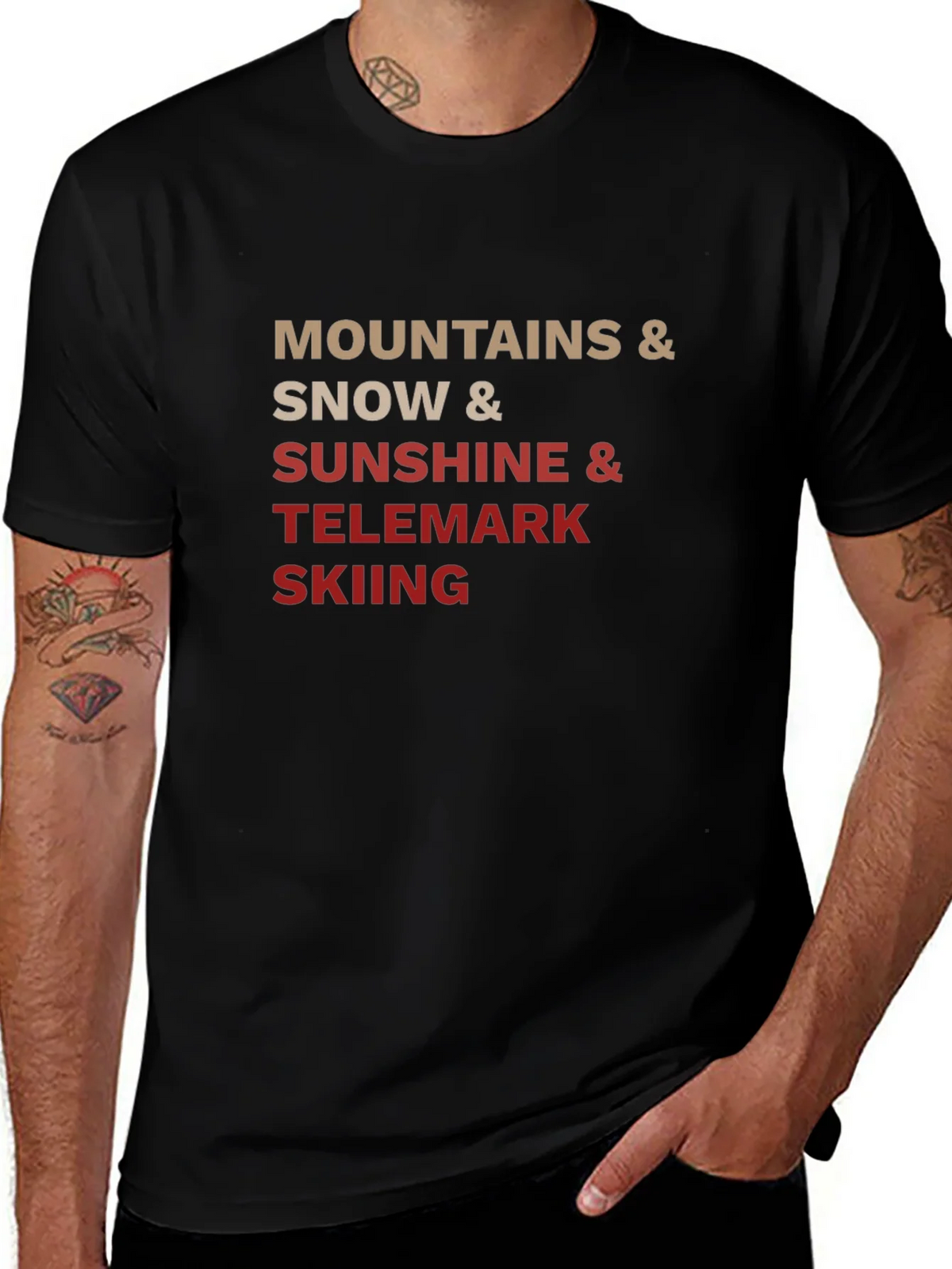 Mountains Snow Sunshine Telemark Skiing Black T-Shirt product image 1