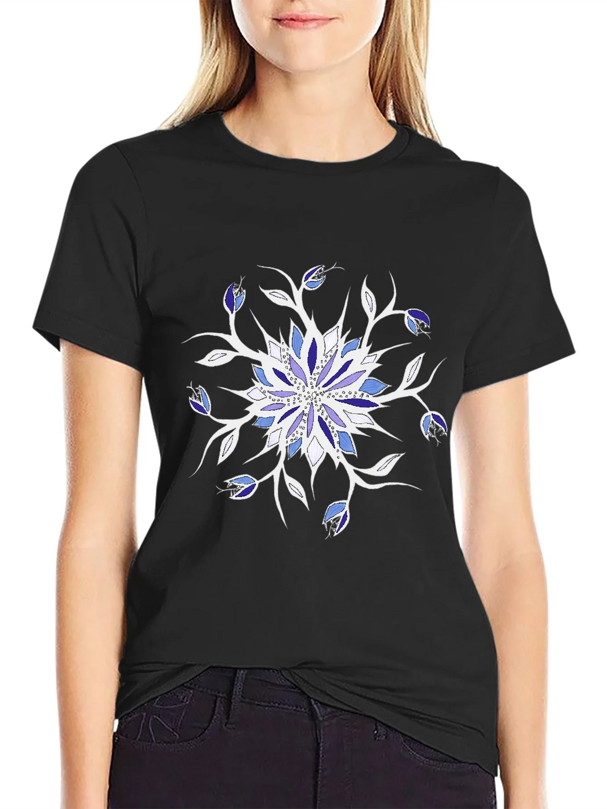 Blue Floral Mandala Black T-Shirt product image 5