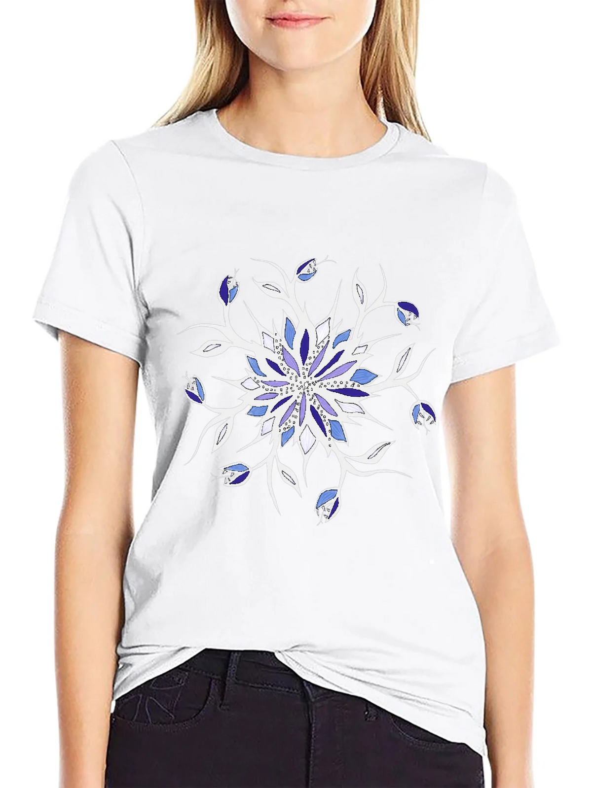 Blue Floral Mandala Black T-Shirt product image 11