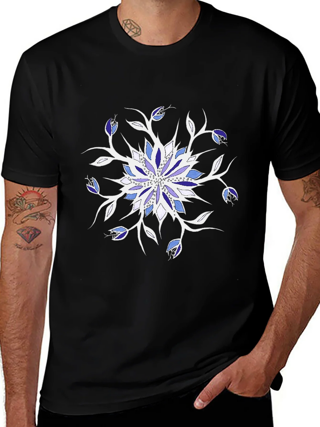 Blue Floral Mandala Black T-Shirt product image 1