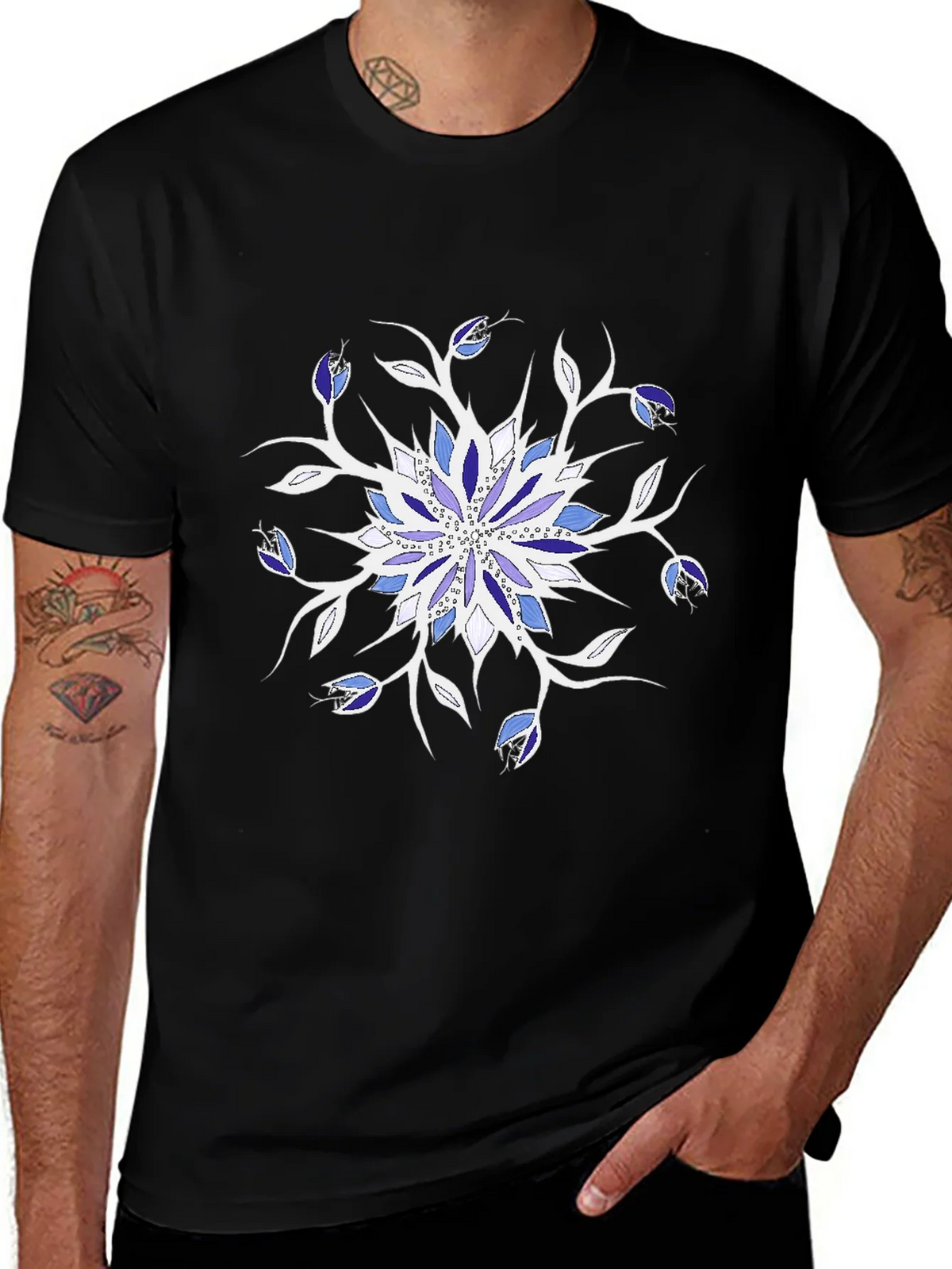 Blue Floral Mandala Black T-Shirt product image 1