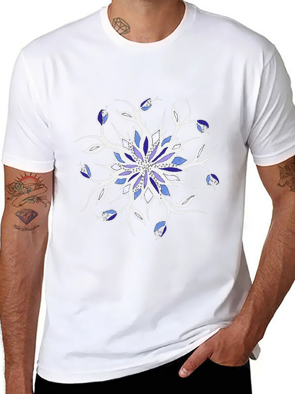 Blue Floral Mandala Black T-Shirt product image 10