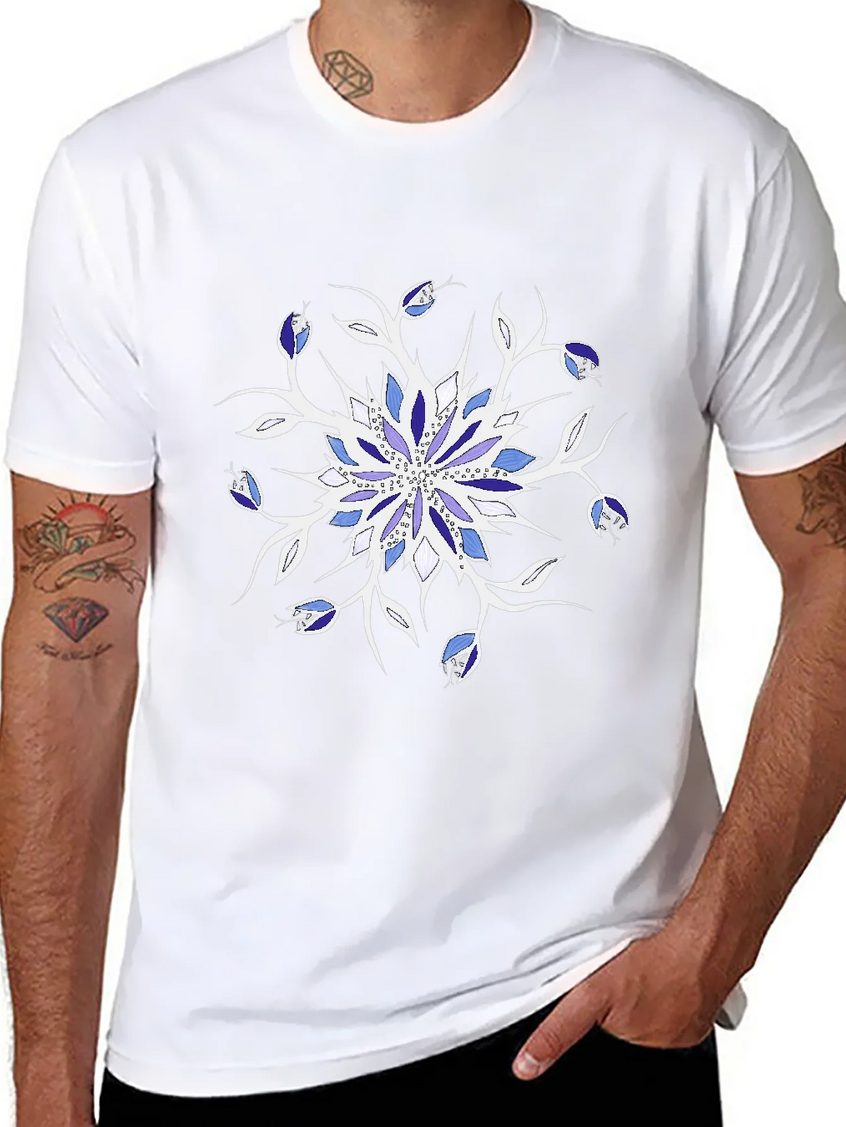 Blue Floral Mandala Black T-Shirt product image 10