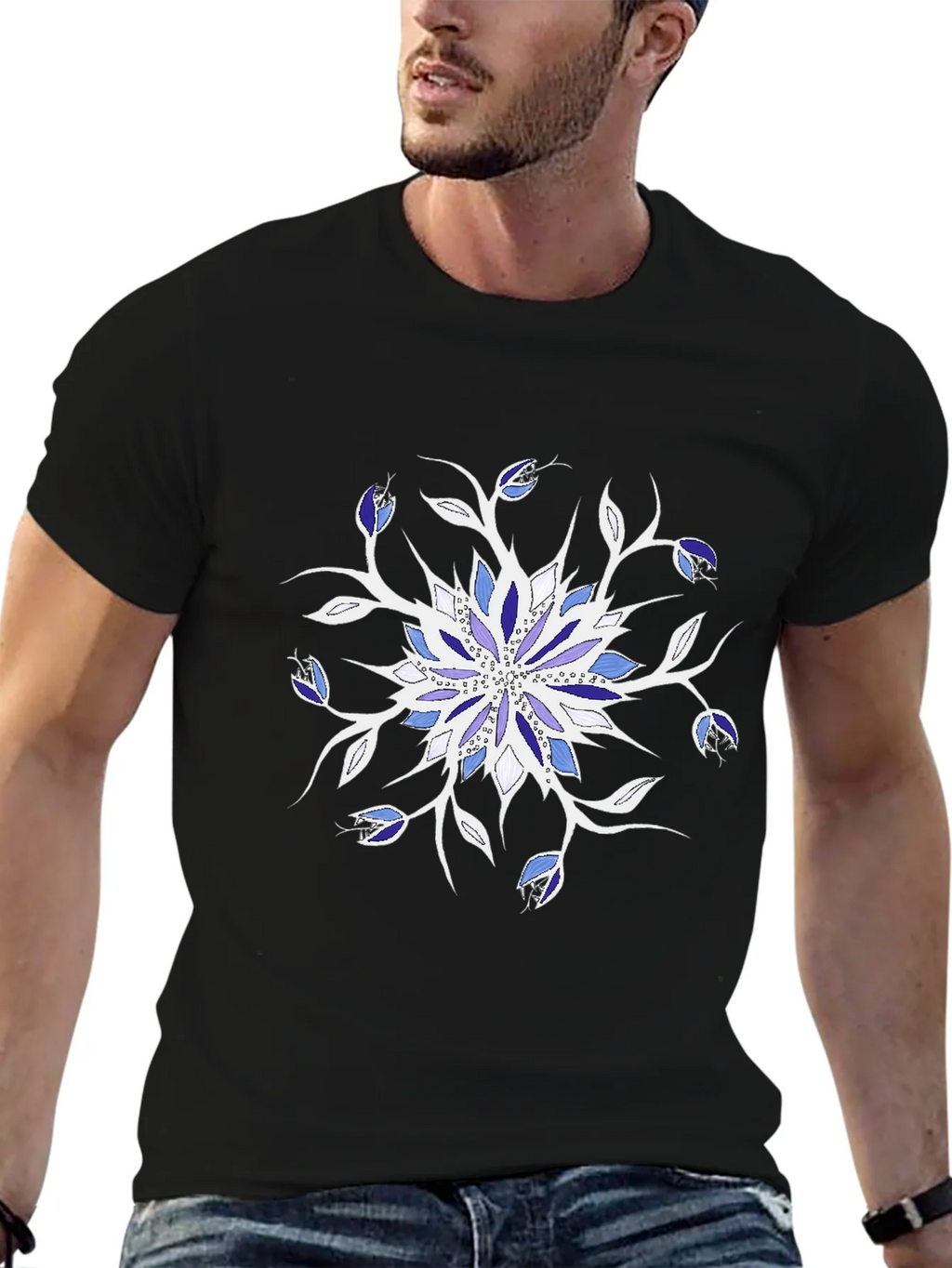 Blue Floral Mandala Black T-Shirt product image 9